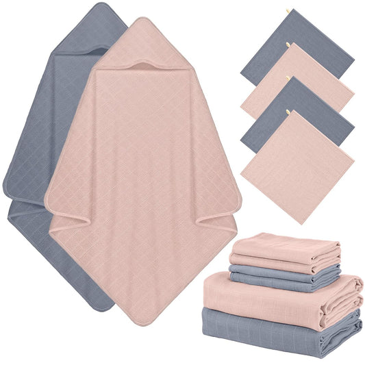 Preboun 6 Pcs Muslin Hooded Baby Towels and Washcloths 32"x 32" Cotton Newborn Bath Towel Anti-Shrink Infant Baby Blankets with Hood 12"x 12" Washcloths for Girl Boy Toddler(Blue,Light Purple)