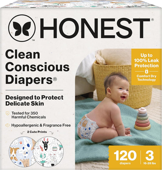 The Honest Company Clean Conscious Diapers for Sensitive Skin, Up to 100% Leakproof Hypoallergenic Fragrance-Free Baby Diapers, Gender Neutral Prints, Super Club Box, Size 3 (16–28 lbs), 120 Count