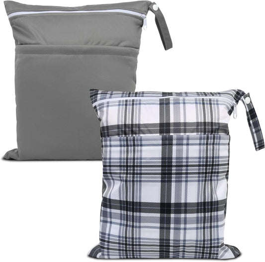 2pcs Cloth Diaper Wet Dry Bags Waterproof Reusable with Two Zippered Pockets Travel Beach Pool Daycare Soiled Baby Items Yoga Gym Bag for Swimsuits or Wet Clothes- Plaid