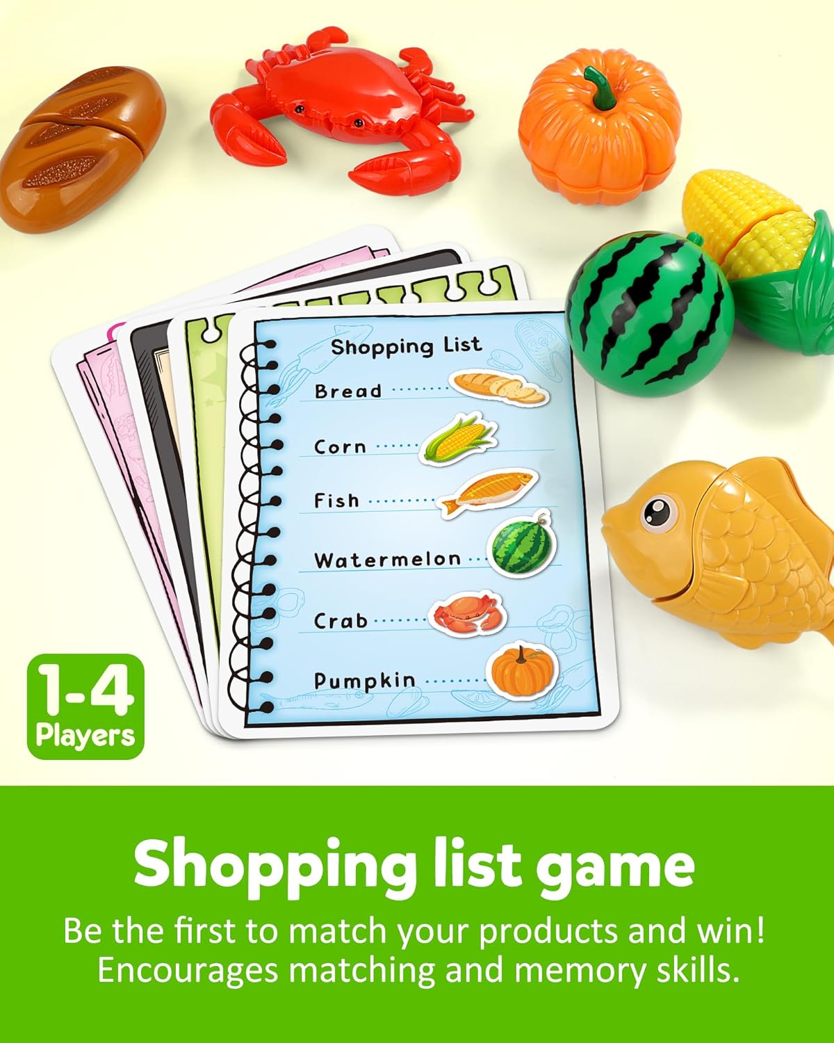 Coogam Pretend Play Food Kitchen Accessories for Kids, Fake Fruits Meats Vegetables Cutting Food with Shopping Storage Basket for Preschool Activities, Daycare Educational Toy for 3 4 5 Years old Kids