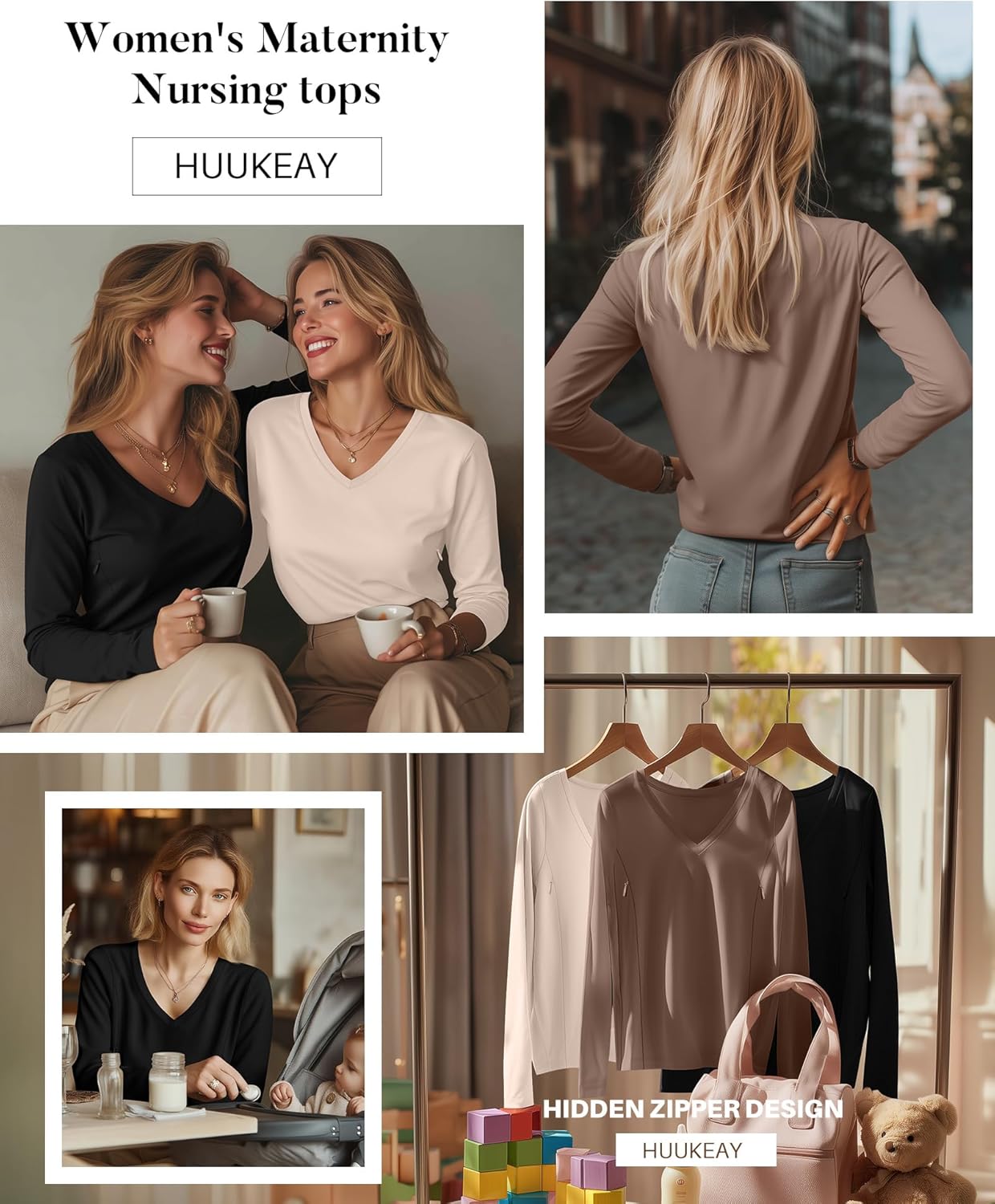 Huukeay 3 Pack Women's Long Sleeve Nursing Tops, Breastfeeding Hidden Zippers Shirts V Neck Maternity Pregnancy Tees Clothes