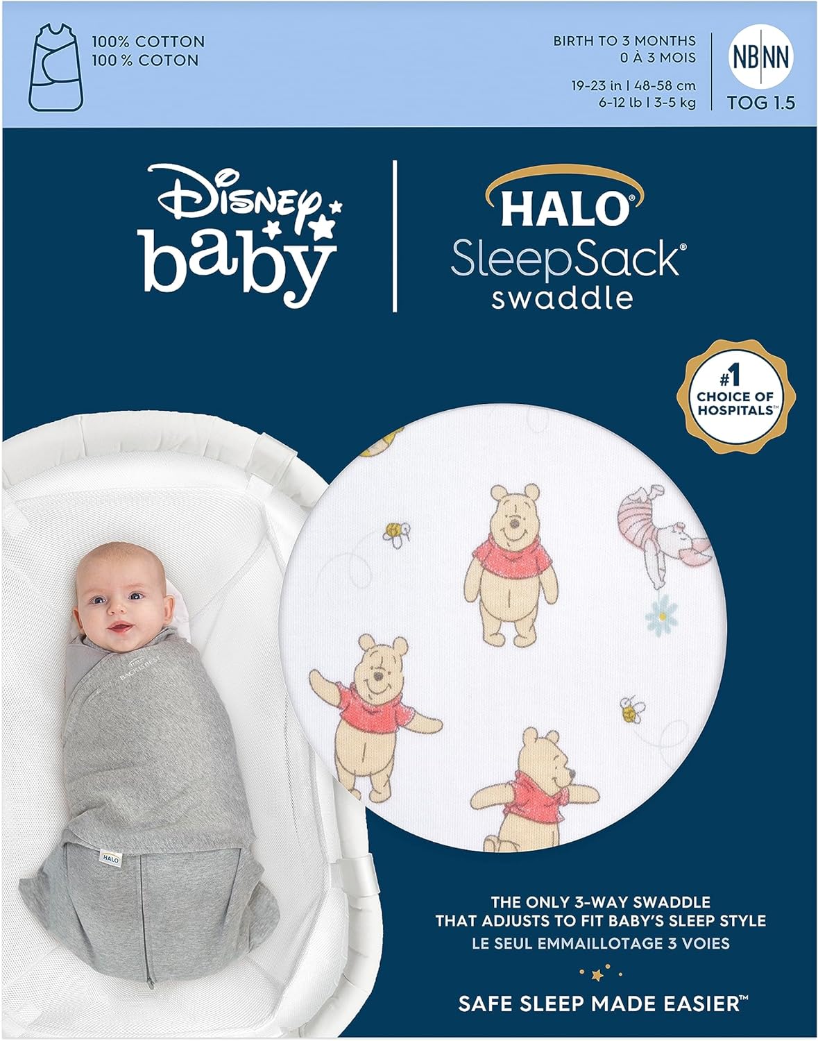 HALO Disney Baby 100% Cotton Sleepsack Swaddle, 3-Way Adjustable Wearable Blanket, TOG 1.5, Winnie Rainbows, Newborn, 0-3 Months