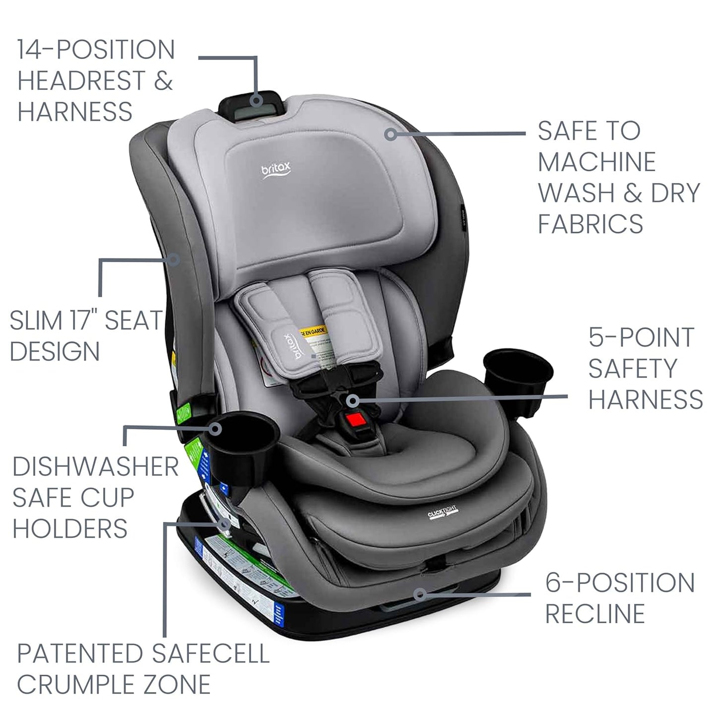 Britax Poplar Convertible Car Seat, 2-in-1 Car Seat with Slim 17-Inch Design, ClickTight Technology, Glacier Graphite