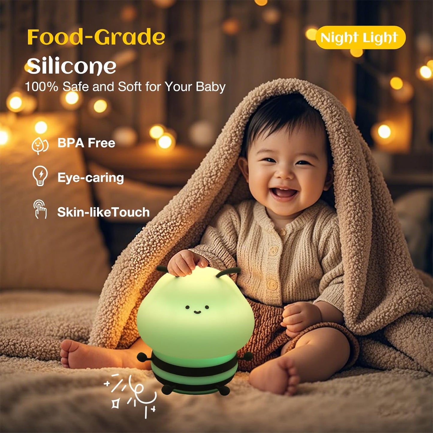 Bee Night Light For Kids, Squishy Lamp, Animal Night Light, 3 Levels Of Brightness,Kids Lamp Color Changing,7colors Kawaii Touch Lamps For Bedroom, portable Light, Nursery Nightlight, Baby Gifts