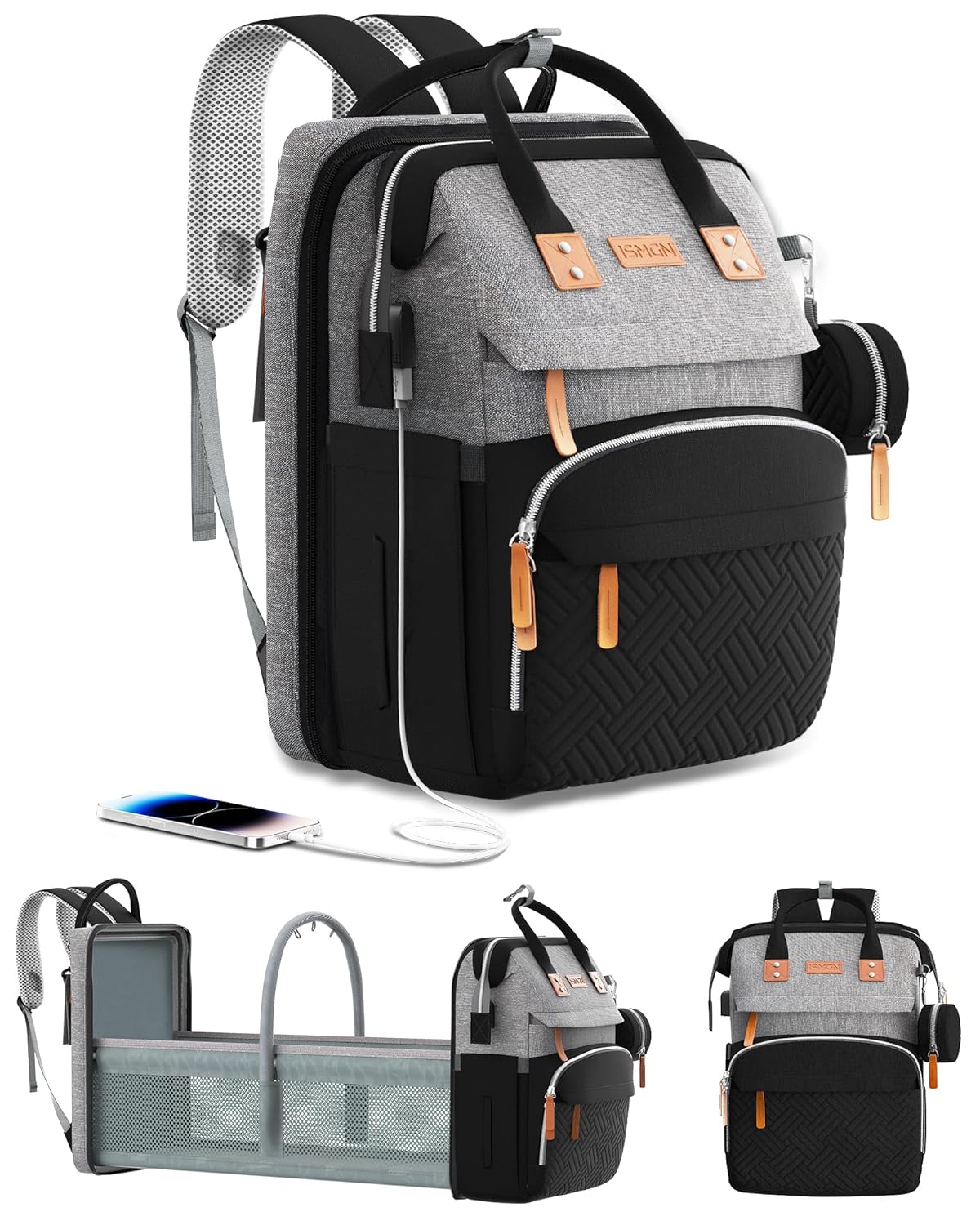 Diaper Bag Backpack with Changing Station, Multifunctional Diaper Bag, Extra Large Capacity, Baby Bag, GreyBlack