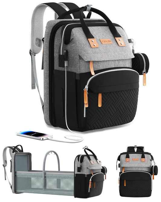 Diaper Bag Backpack with Changing Station, Multifunctional Diaper Bag, Extra Large Capacity, Baby Bag, GreyBlack