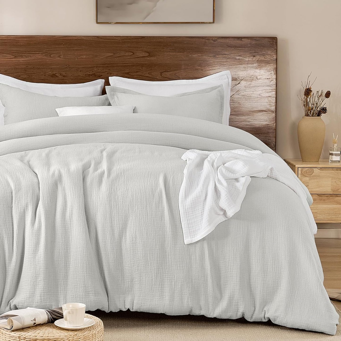 PHF Cotton Muslin Comforter Set Queen Size – Ultra Soft, Breathable & Lightweight Bedding Set for All Seasons, 3 Pieces - 1 Comfy Comforter 90"x90", 2 Pillow Shams 20"x26", Light Grey