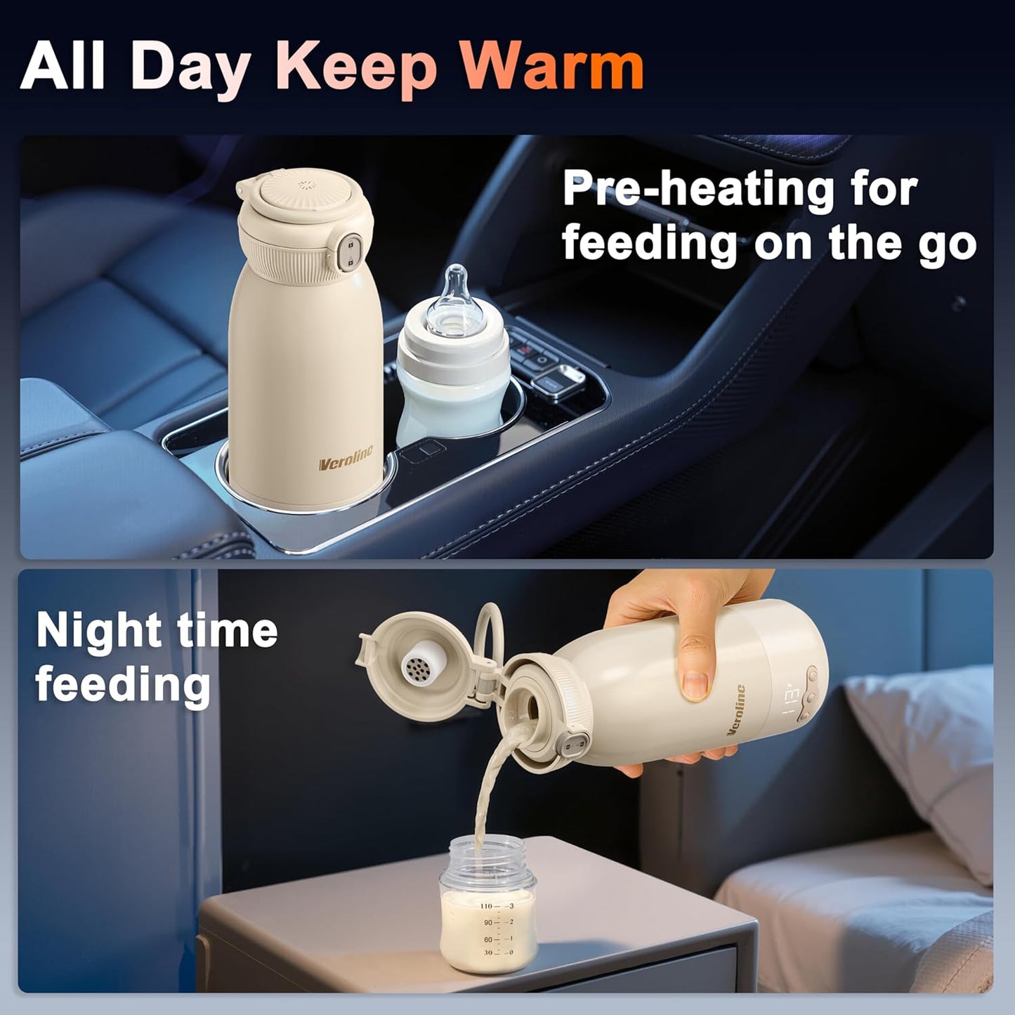 Portable Bottle Warmer for Travel, 17 Oz Baby Bottle Warmer, Super Fast Charging Milk Warmer with Adjustable Temp & Keep Warm for Formula, Breastmilk, Rechargeable & Cordless Water Warmer