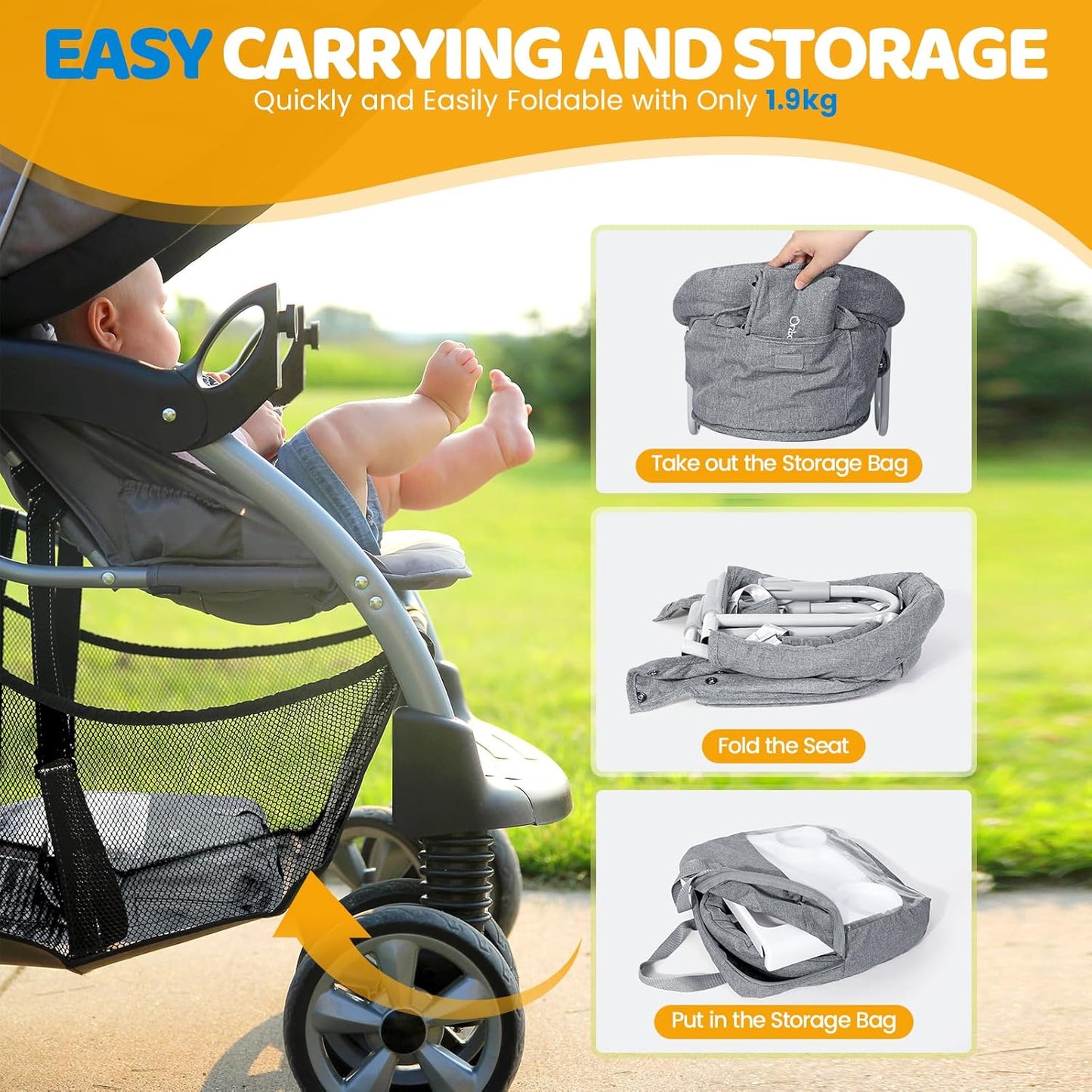 Orzbow Hook On High Chair with Removable Dining Tray, Folding Portable High Chair with Storage Bags, Baby Table Booster Seat, Easy Clip on Table Feeding HighChair for Travel, Restaurant and Home, Grey