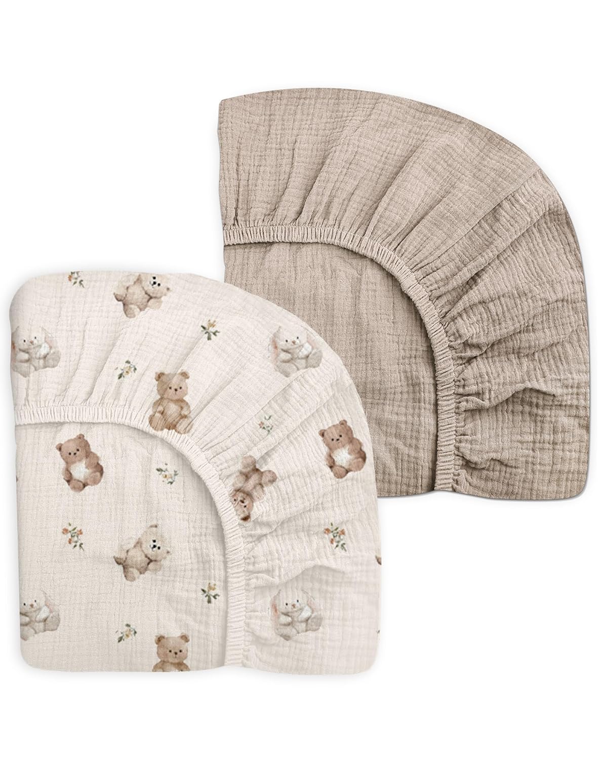 Pack and Play Sheets for Baby Boy and Girl 2 Pack, Neutral Muslin Cotton Pack N Play Mattresses Sheet 27"x39", Muslin Nursery Bedding Soft and Breathable Comfort (Teddy & Friends)