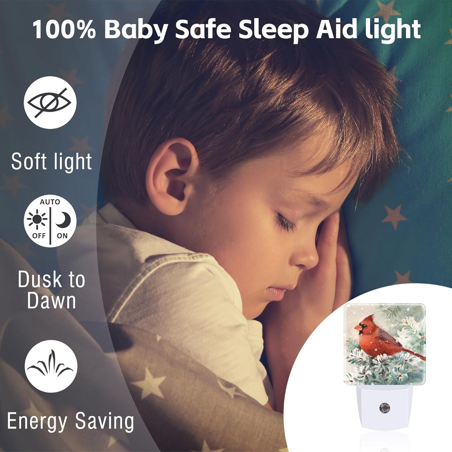 Winter Cardinal Pine Tree Night Light, Christmas Snow Red Cardinal Dusk to Dawn Night Light Plug in, 0.5w Energy Saving Sleep Friendly NightLight for Kids Boys Girls Home Decor
