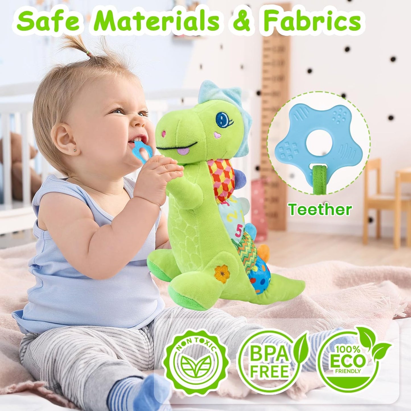 Baby Dino Plush Soft Stuffed Animal Toy for 0-3-6-12+ Months,Infant Musical Toy with Rattle,Squeaker,Sensory Crinkle,Teether & Textures,Tummy Time Toys Christmas Baby Gift for Newborn Girl Boy (Green)