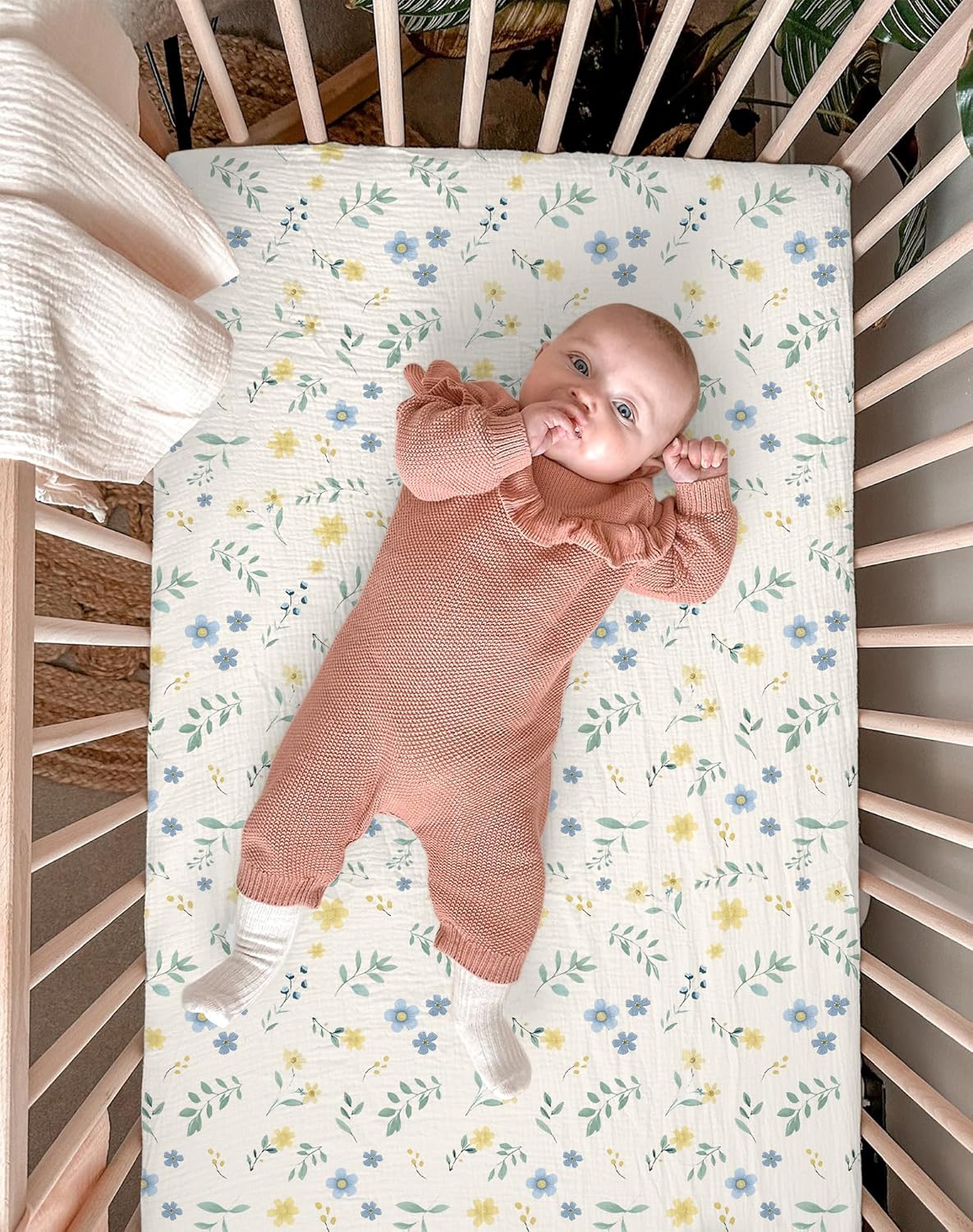 Pack and Play Sheets for Baby Boy and Girl 2 Pack, Neutral Muslin Cotton Pack N Play Mattresses Sheet 27"x39", Muslin Nursery Bedding Soft and Breathable Comfort (Spring Garden & Sage)