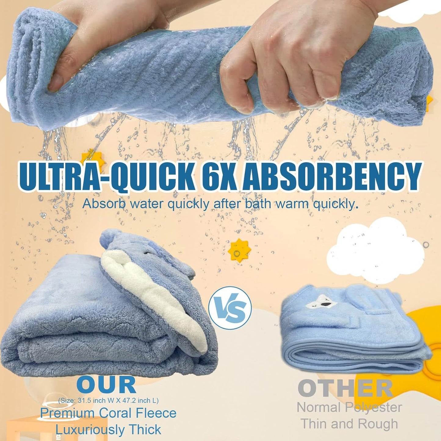 Hooded Baby Towels 2 Pack Coral Fleece, Luxuriously Thick Hooded Towels Soft Shower Bath Towel for Newborn, Infant, Toddler (Blue & Pink)
