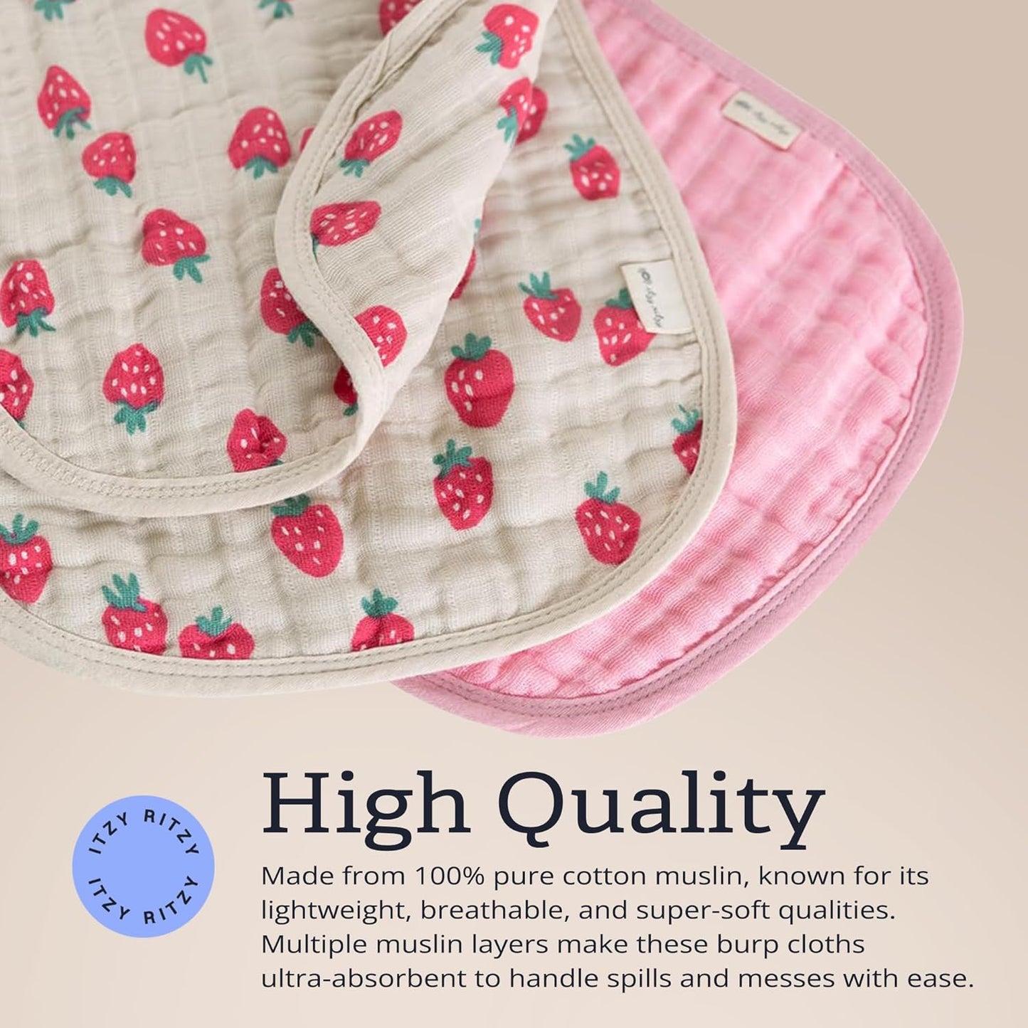 Itzy Ritzy Set of 2 Baby Burp Cloths – Ultra-Soft Absorbent Burping Cloths for Babies - Made of 100% Cotton Muslin and Generously Sized with Trendy Coordinating Prints – Machine Washable (Strawberry)