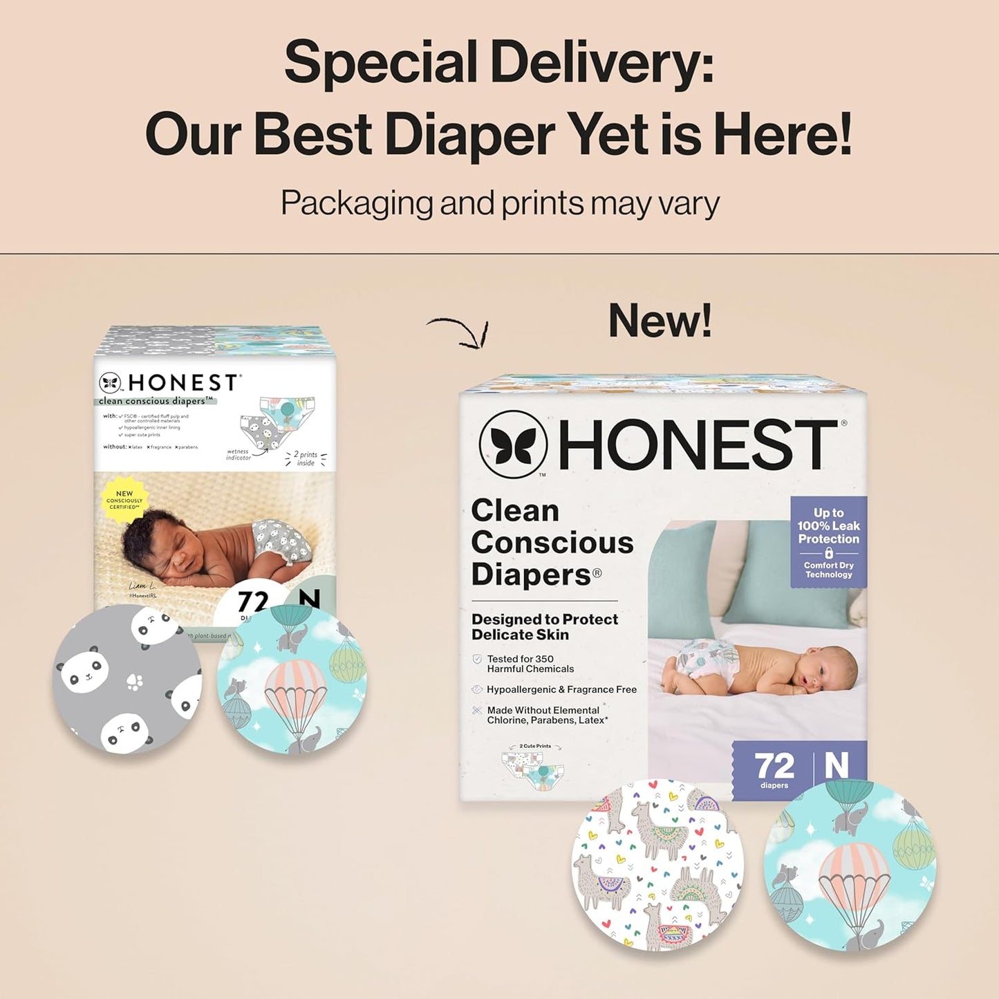 The Honest Company Clean Conscious Diapers for Delicate Skin, Up to 100% Leakproof Hypoallergenic Fragrance-Free Baby Diapers, Gender Neutral Prints, Club Box, Size Newborn, 72 Count (Prints May Vary)
