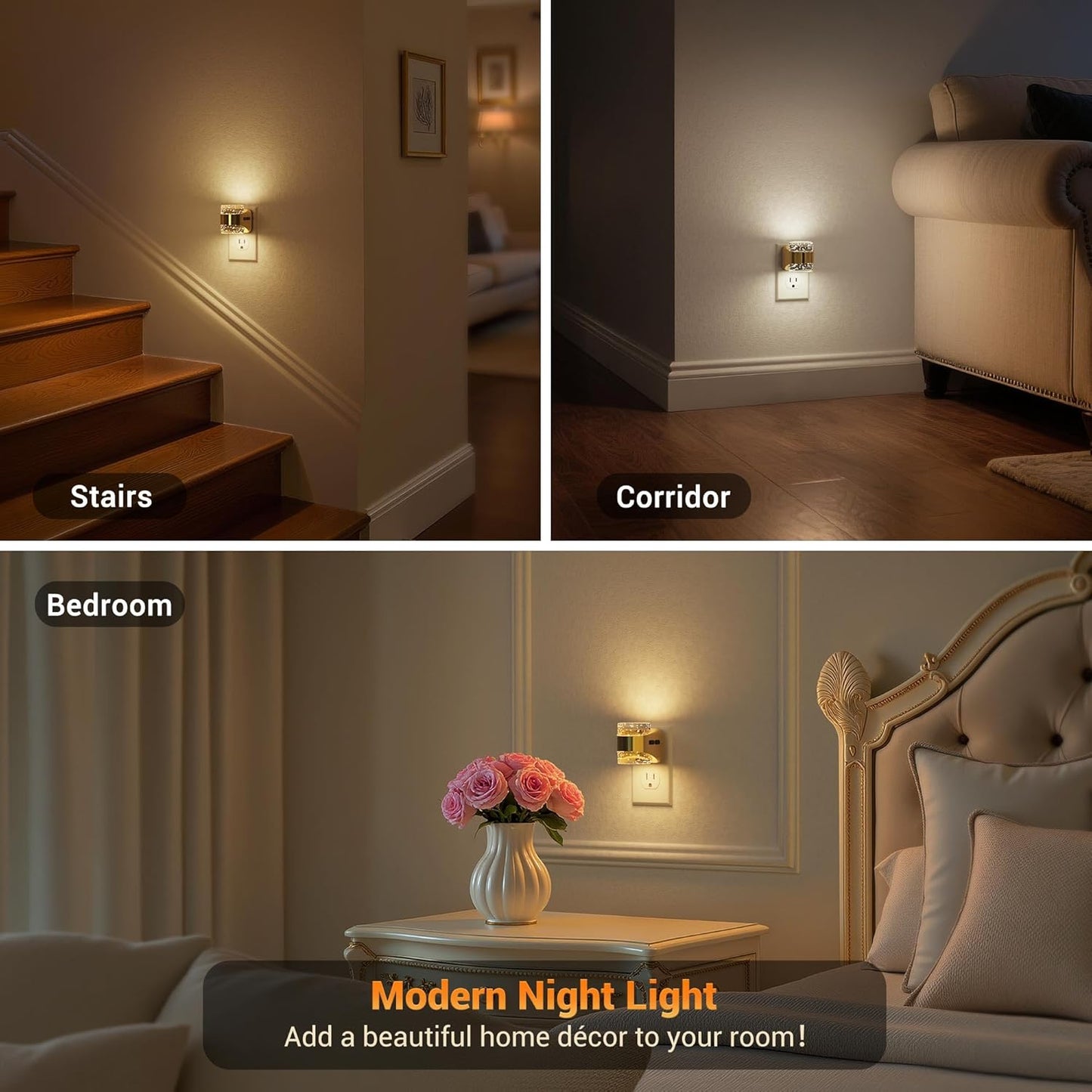 JandCase LED Night Light, Golden Bubble Night Lights Plug into Wall, [2 Pack]Night Light3000K/4000K/5000K & 3 Brightness Levels, Dimmable Nightlight with Dusk to Dawn Sensor for Bathroom Hallway