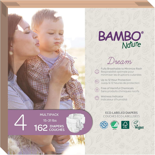 Bambo Nature Hypoallergenic Baby Diapers, Eco-Labelled Sustainable Diapers, Enhanced Leakage Protection, Totally Chlorine-free, Skin Friendly, and Super Absorbent - Size 4 (162 Count)