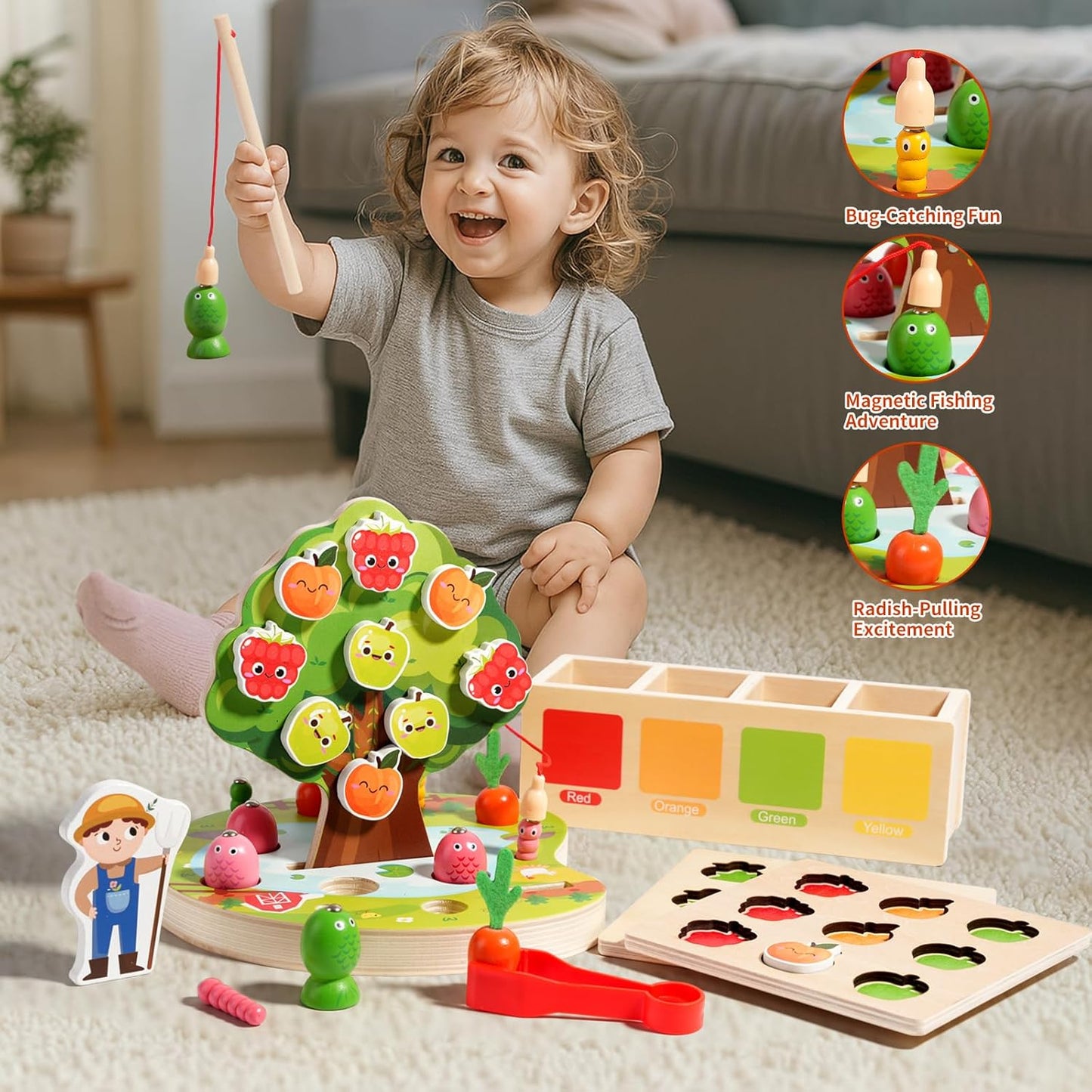 Toddler Sensory Montessori Wooden Preschool Learning Educational Gift Toy for Kids Ages 3 4 5, Shape Color Sorter Apple Picking Carrot Harvest Game,Magnetic Fishing - Fine Motor Skills Toys