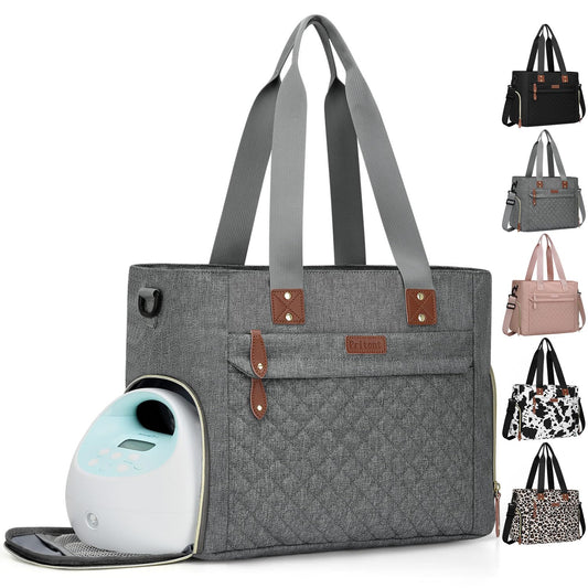 Diaper Bag Tote for Working Mom, Large Travel Diaper Tote for Mom and Dad with 14 Inch Laptop Sleeve, Mommy Maternity Travel Baby Bag for Boys and Girls, Grey