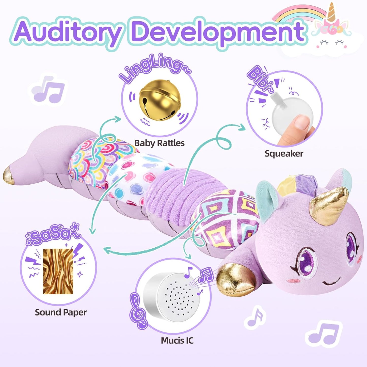 Unicorn Baby Toys 6-12 Months Infant Musical Stuffed Toys for Newborn Tummy Time Sensory Toys for Babies with Crinkle and Rattle 0-3-6-12 Months Old Baby Girl Must Have Christmas Gifts - Purple