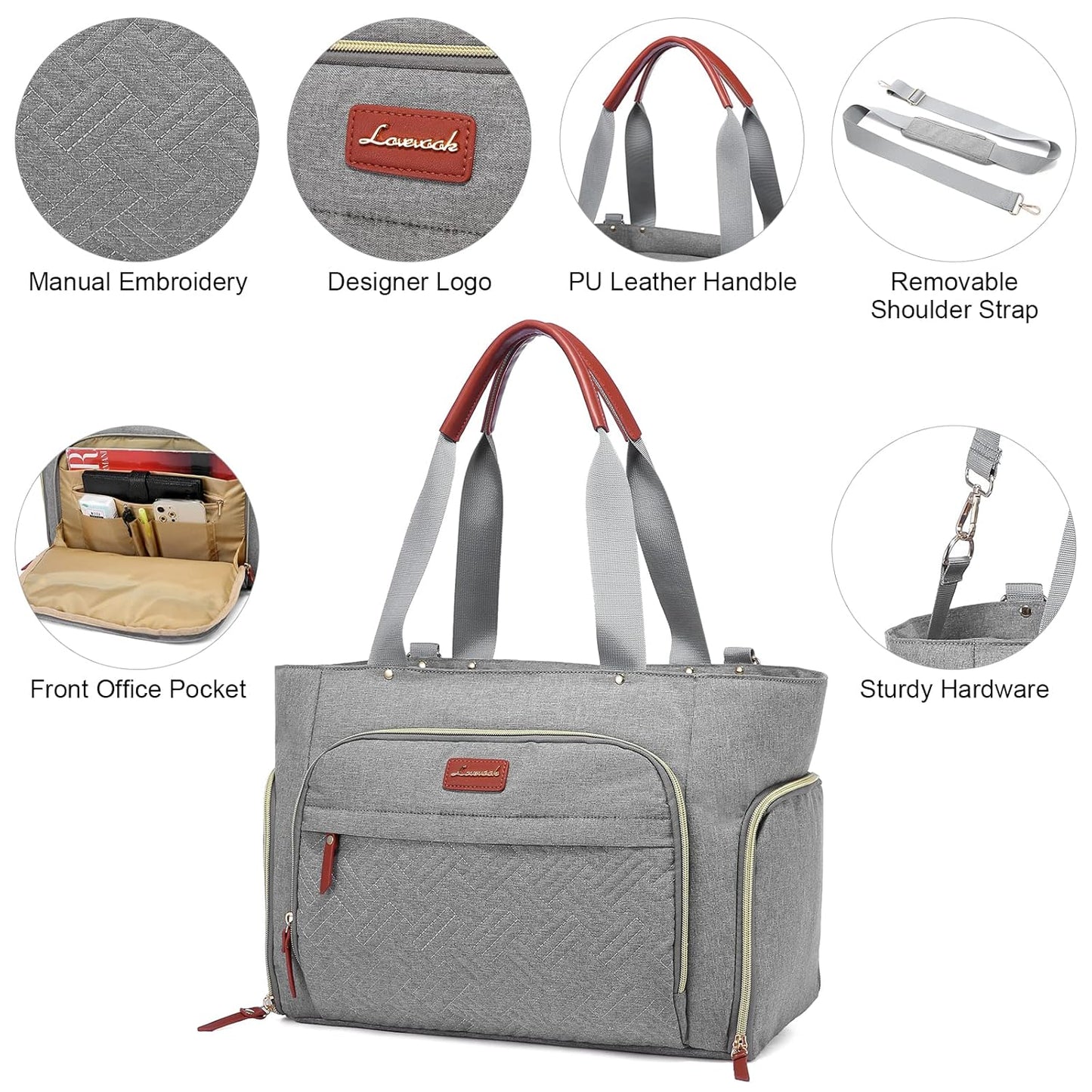 LOVEVOOK Diaper Bag Set, 3-Piece Set with Laptop Pocket, Cooler Bag & Changing Pad, Fits Most Breast Pumps, Grey, 15.7" x 8" x 11", For Mothers, Newborn - 3 Years