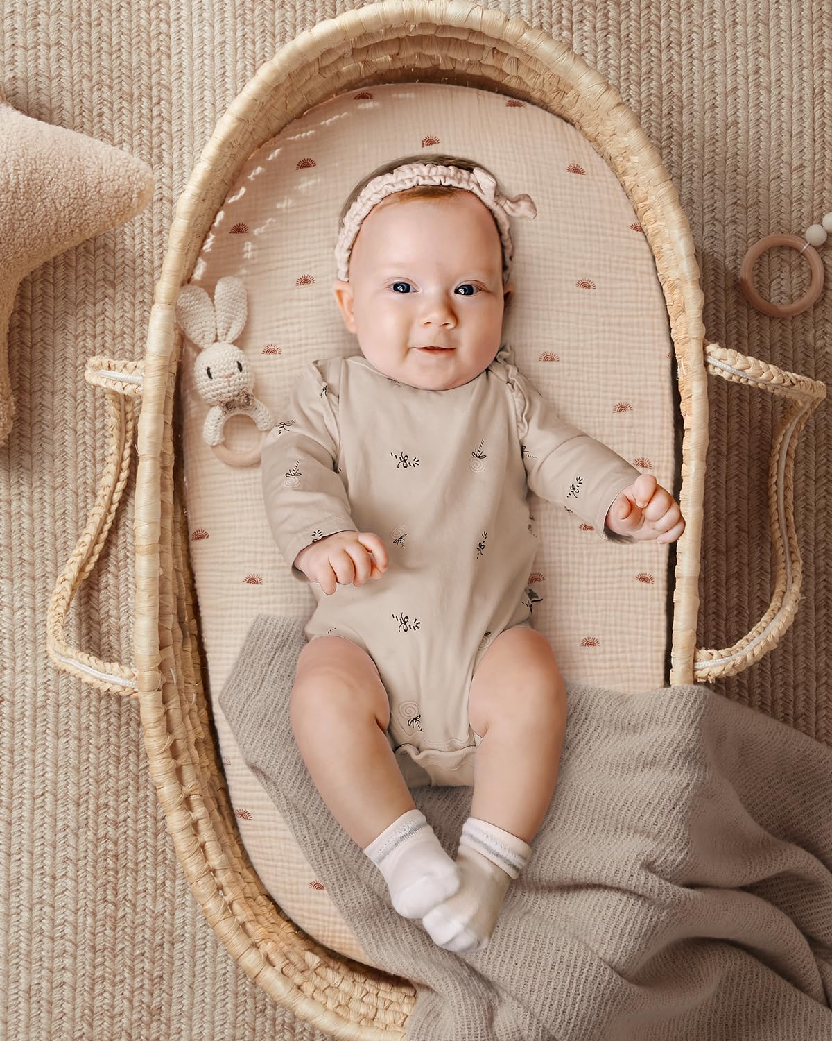 Blissful Diary Muslin Bassinet Sheets for Baby Girls Boys, Boho Soft Cotton Fitted for Oval Hourglass Rectangle Mattress, 2 Pack(Sunshine&Blush Pink)