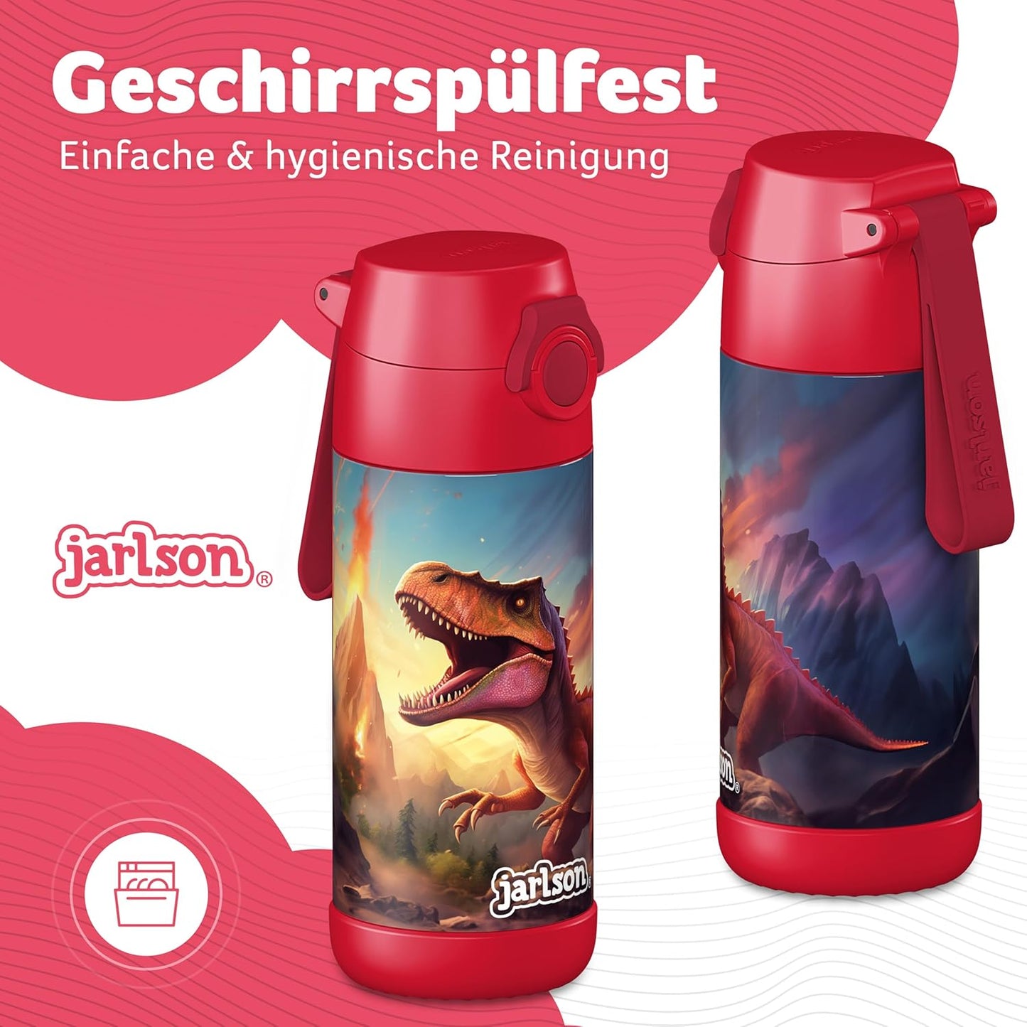 Jarlson® Mali Children's Water Bottle, Thermal Stainless Steel Water Bottle, BPA-Free, Leak-Proof, Children's Bottle with Chug Lid, Bottle for School, Nursery (Dinosaur Red, 12 oz)