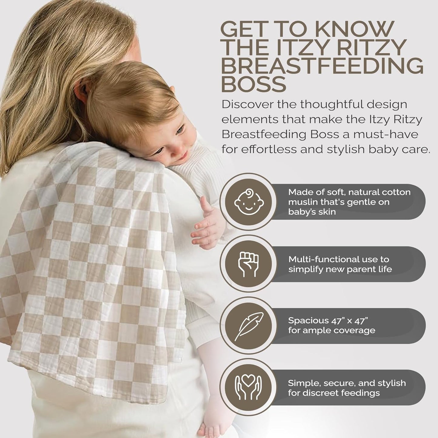 Itzy Ritzy Breastfeeding Boss Multi-Use Cover – A Nursing Cover, Swaddle, Car Seat Wrap, Tummy Time Mat & Burp Cloth All in One – Made of Soft Muslin Fabric & Measures 47” x 47” (Checkerboard)