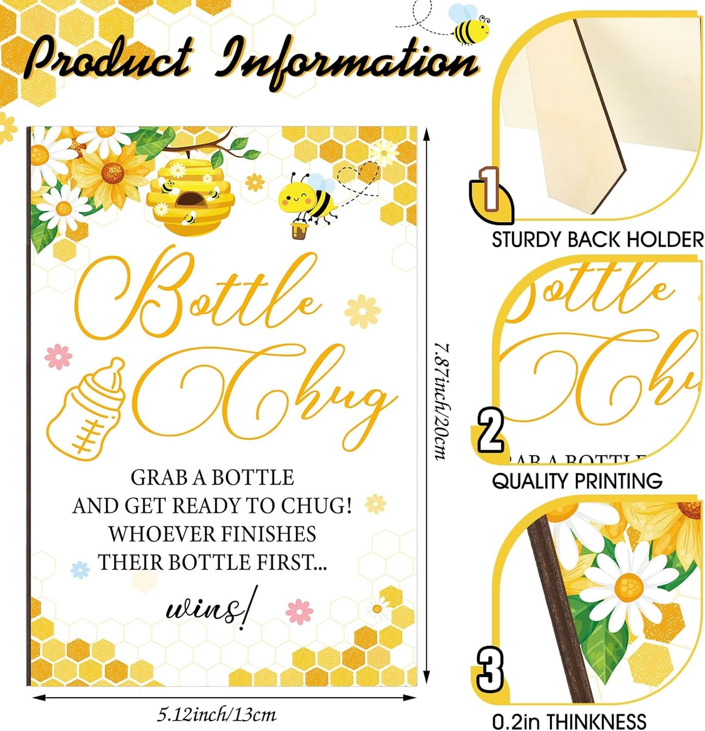 TrelaCo Cool Baby Shower Games Wooden Bottle Chug Sign Bee Theme Gift Sets and 12 Pcs Baby Bottle Shower Favor for Honeycomb Bee Games Gender Reveal