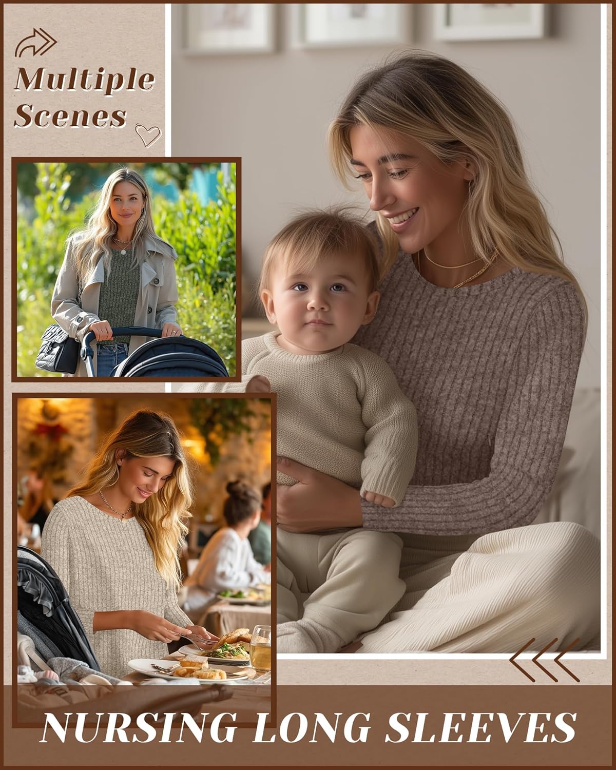 3 Pack Women's Nursing Long Sleeve Tops Breastfeeding Thermal Sweaters with Hidden Zipper Maternity Ribbed Shirts