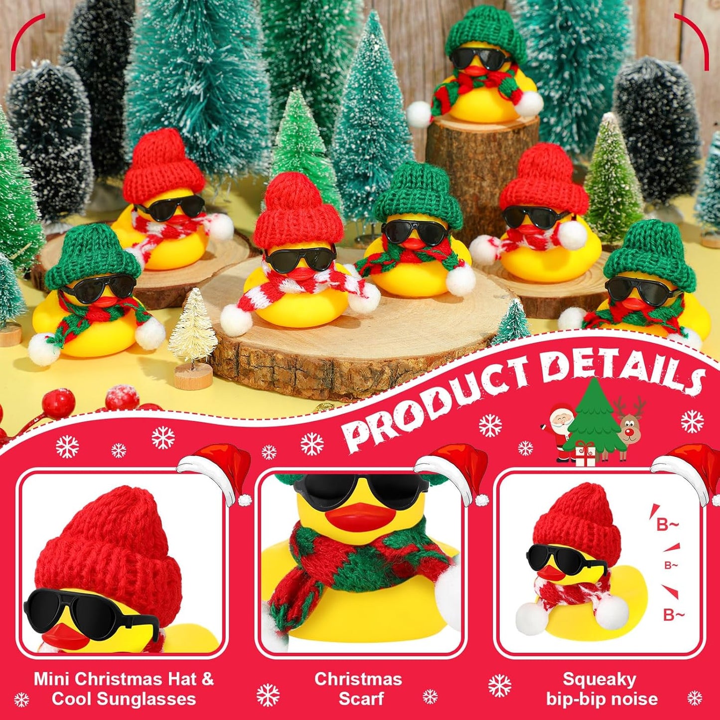 Syhood 48 Sets Christmas Mini Rubber Duck Bulk with Sunglasses Scarf Hats and Adhesive Dots Duckies Bath Toy Xmas Decor for Christmas Winter Gift Cruise Birthday Party (Classic Hat)