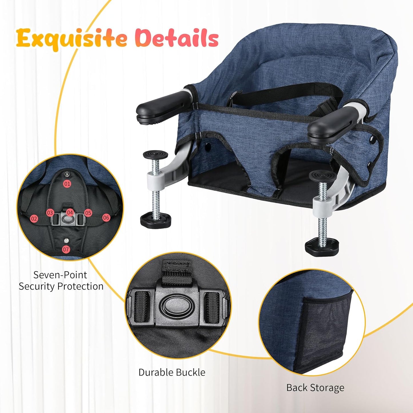 Hook On High Chair with Removable Dining Tray,Folding Portable Clip on Table High Chair,Baby Chair with Storage Bag for Indoor/Outdoor (Navy Blue)