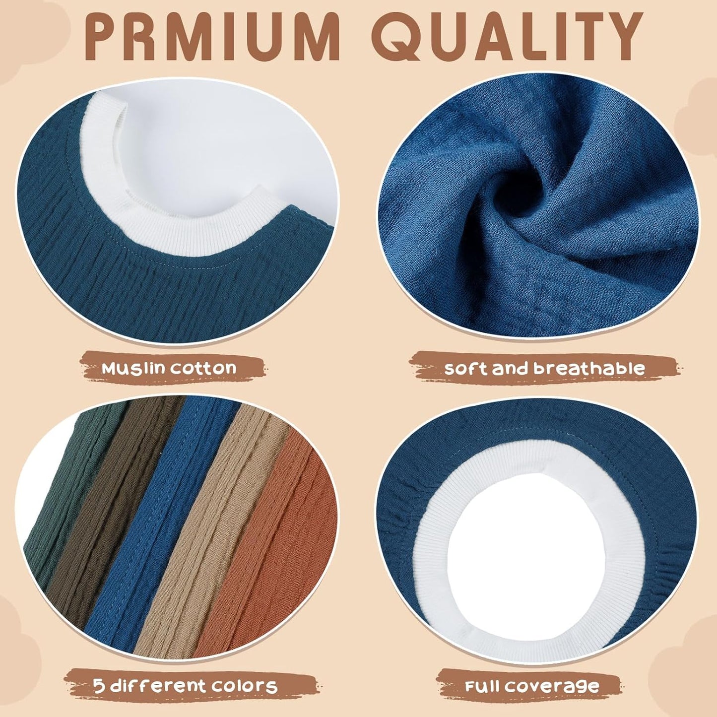 Newwiee 5 Pcs Large Muslin Pullover Baby Bibs Full Coverage Toddler Slip on Absorbent Bib Waterproof Toddler Towel Bibs (Stylish Color)