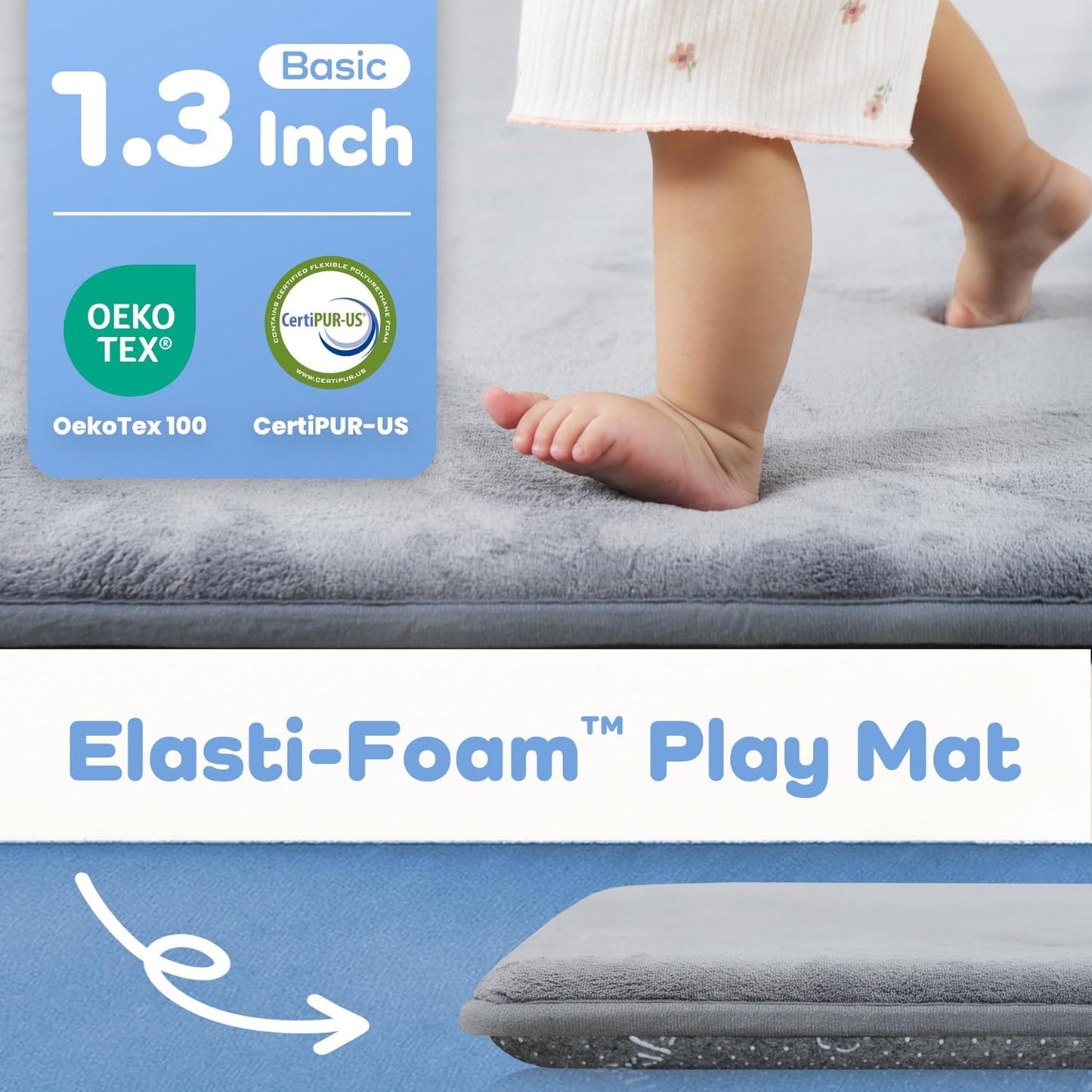 1.3" Thick Baby Floor Play Mat 59x79, Basic Padded Foam Mat for Tummy Time Crawling, Non Slip Cushioned for Babies Toddlers Infants Kids (Light Grey)
