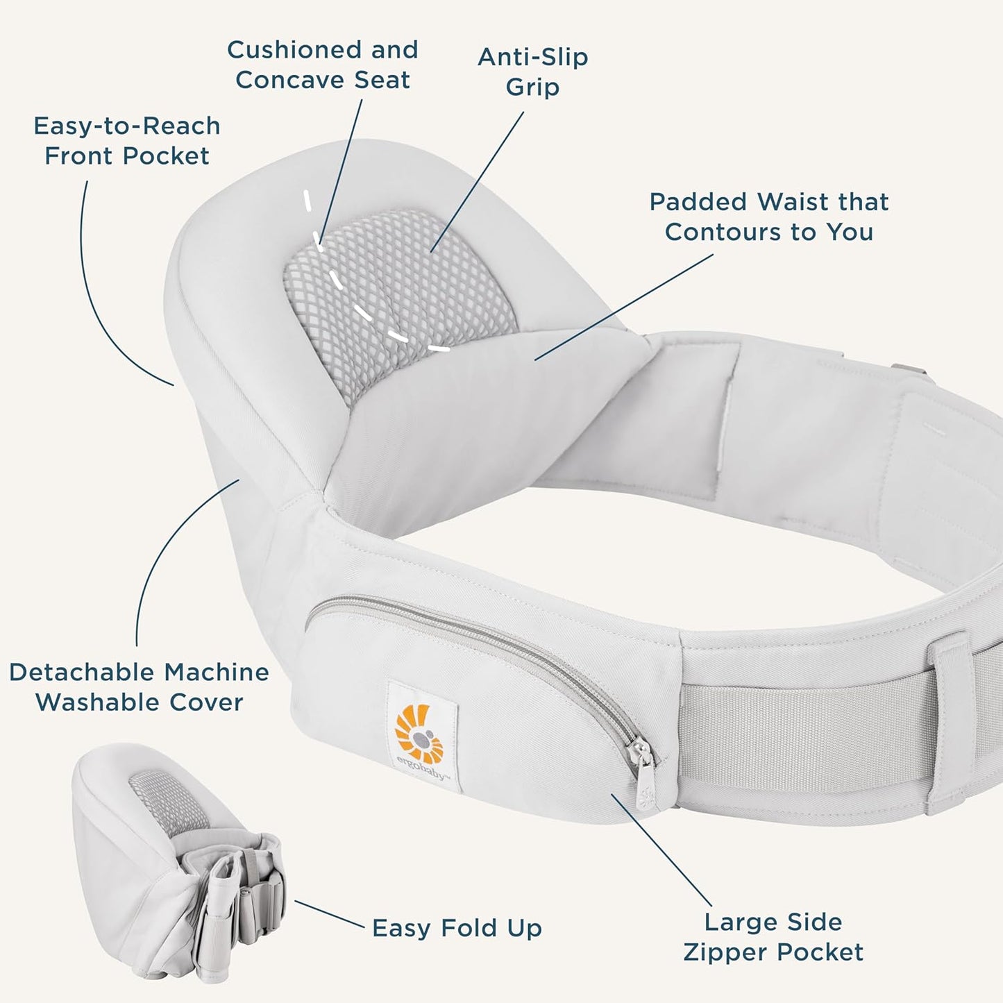 Ergobaby Lift Ergonomic Baby Hip Seat Carrier with Storage, Comfortable Wide Waistbelt and Lumbar Support (17lbs - 45lbs) - Anti-slip Toddler Carrier - Midnight Blue