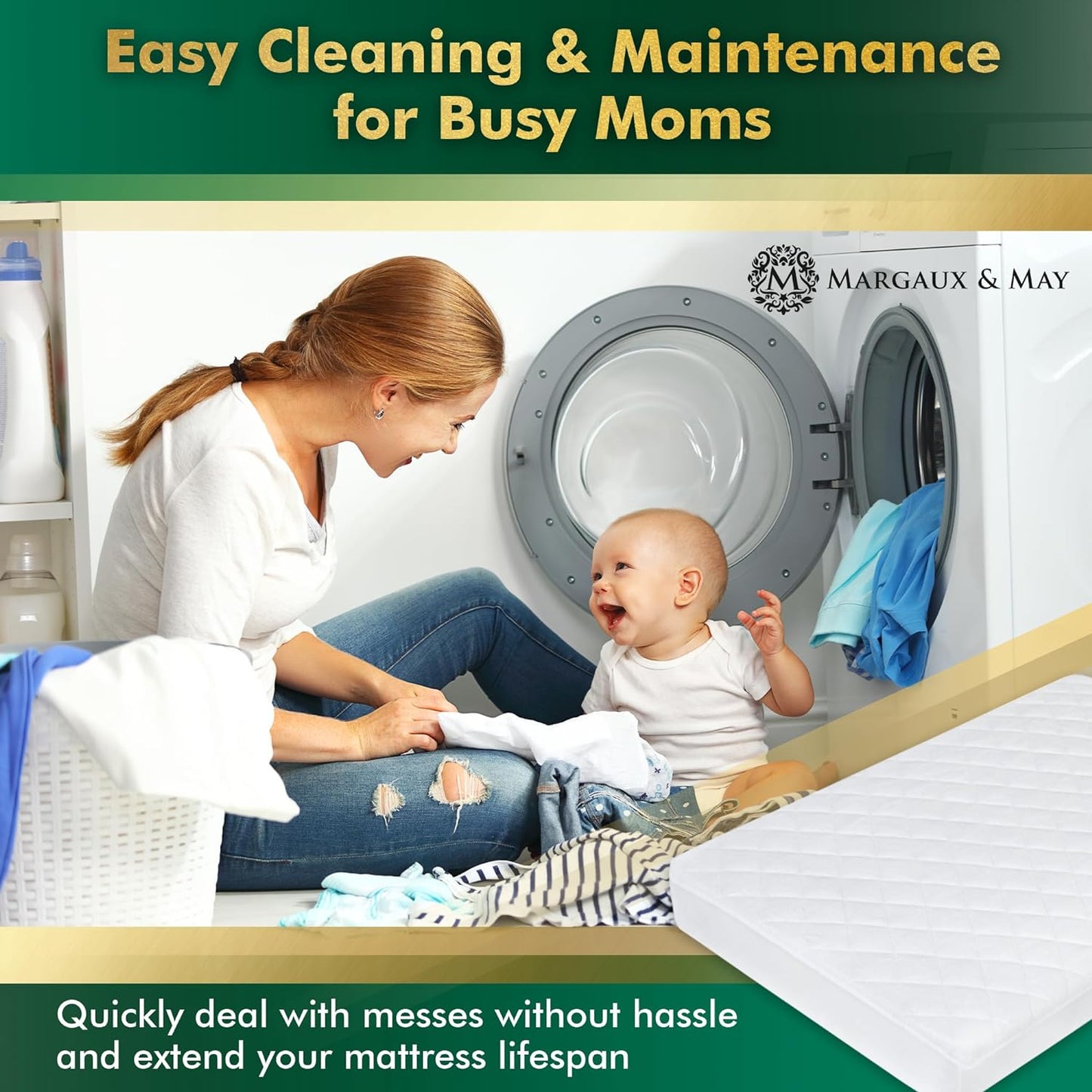Margaux & May Crib Mattress Protector Pad - Ultra-Soft Waterproof Breathable Premium Bamboo Rayon - Noiseless Fitted Dryer Safe Cover. High Absorbency Oeko-TEX Certified (28 x 52 x 9 inches)