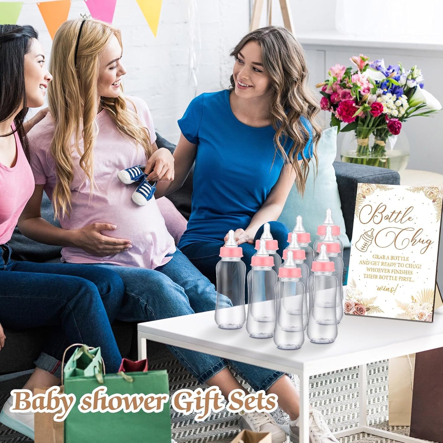 TrelaCo Cool Baby Shower Games Wooden Bottle Chug Sign Boho Theme Gift Sets and 12 Pcs Baby Bottle Shower Favor for Pampas Games Gender Reveal (Boho Pampas)