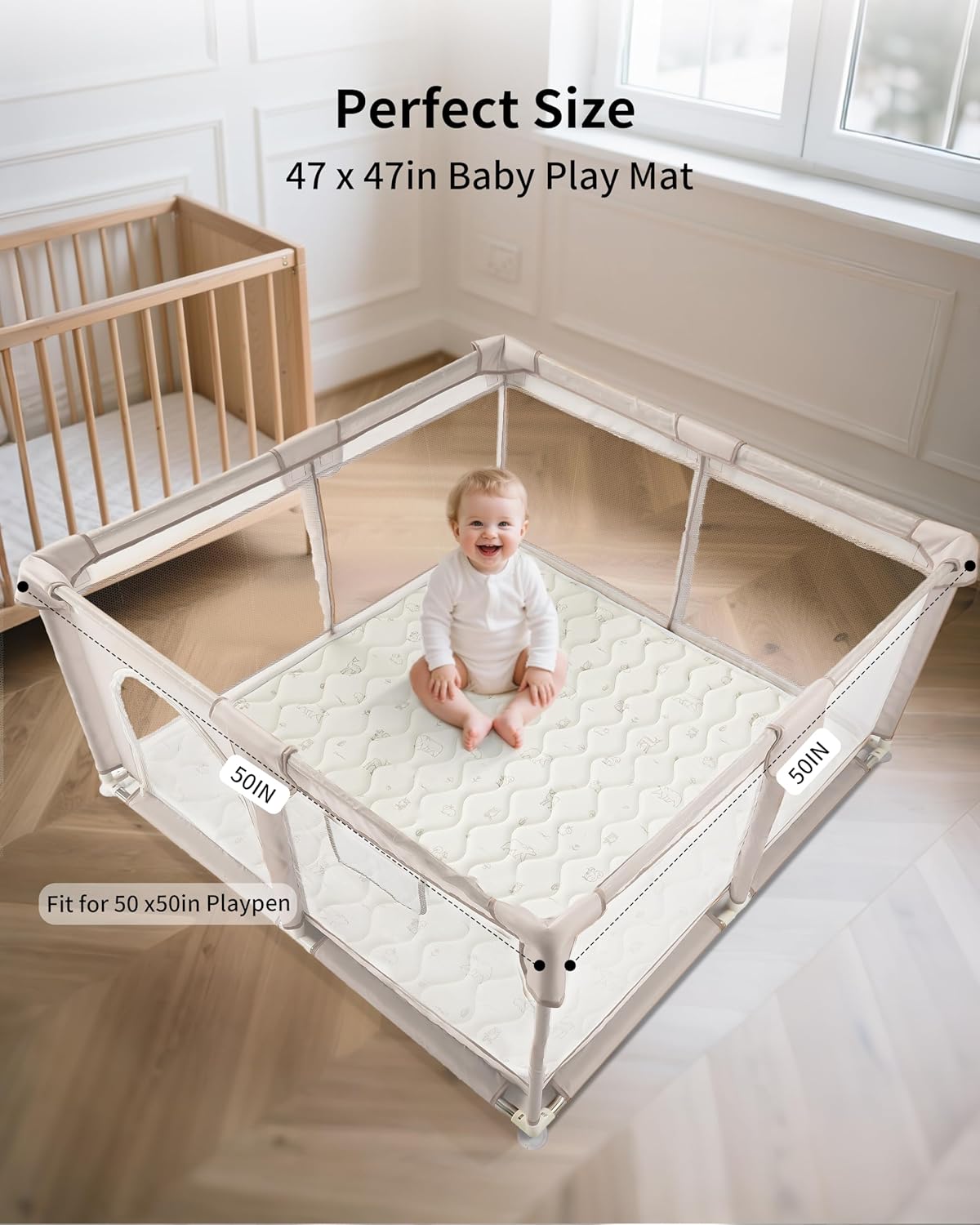 Fortella Baby Play Mat for Playpen & Floor, 47“x47” Foldable Foam Padded Playmats for Babies Toddlers Kids, Washable Soft Non-Slip Crawling Rug, Newborn Tummy Time Nursery Gym Activity (Forest Beige)