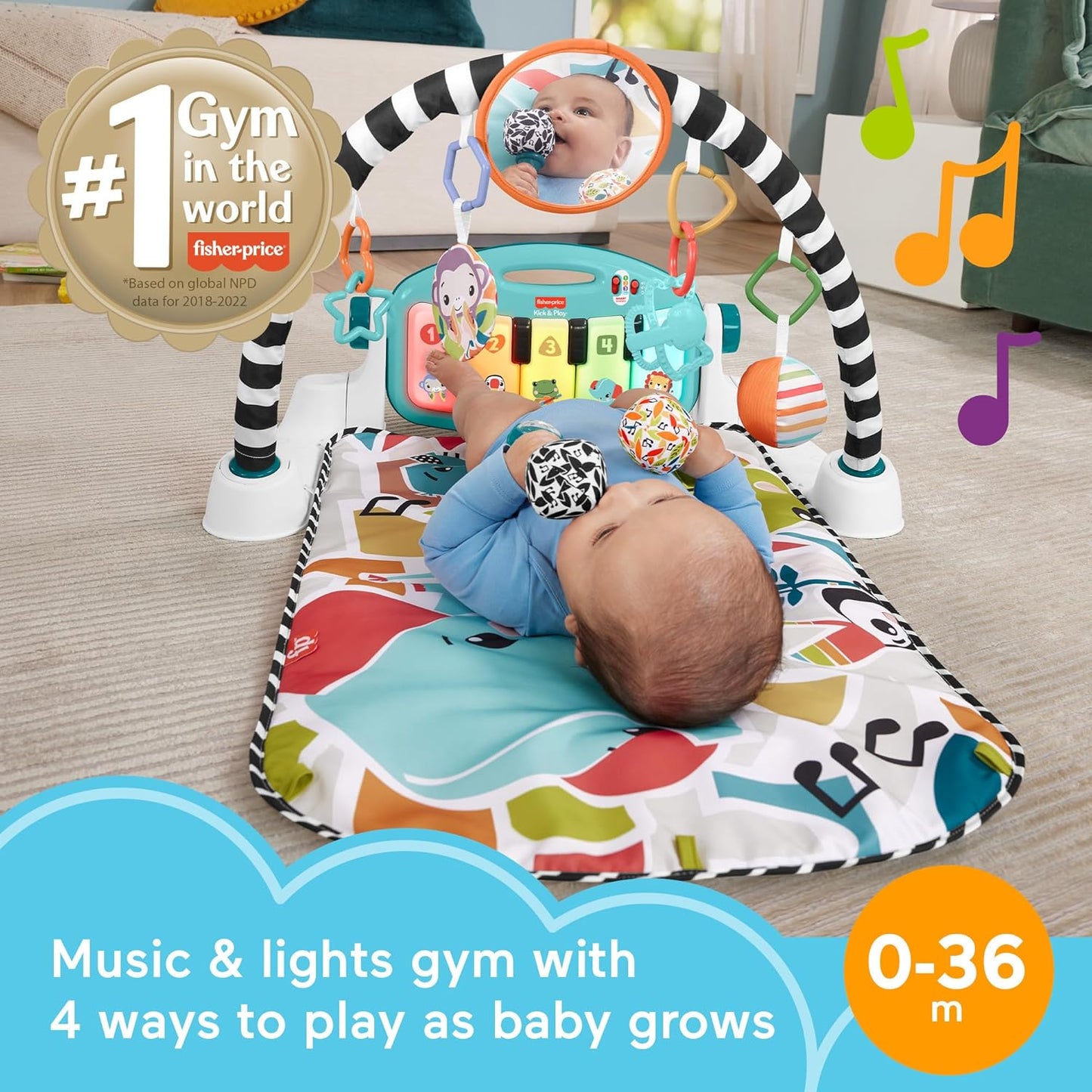 Fisher-Price Baby Musical Toy Set Glow and Grow Kick & Play Piano Gym Blue Playmat with 2 Rattle Maracas for Newborns Ages 0+ Months