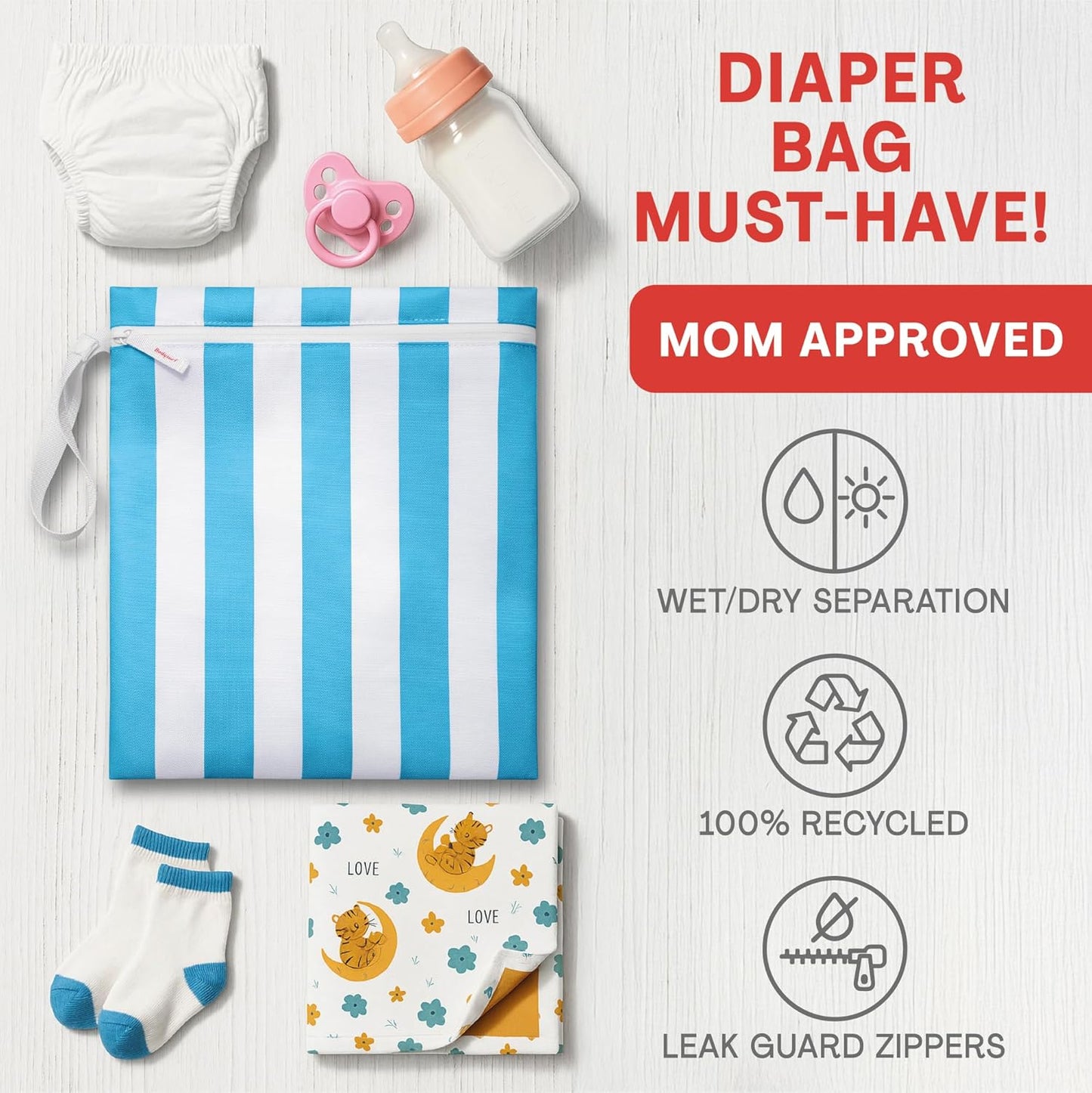 Bodysurf Wet Bags for Baby, Kids, Toddlers, Pump Parts, Cloth Diapers, Dirty Laundry - Wet Bag for Swimsuit, Beach, Pool, Gym, Travel - Reusable Waterproof Stripe Travel Toiletry Pouch - Electric Blue