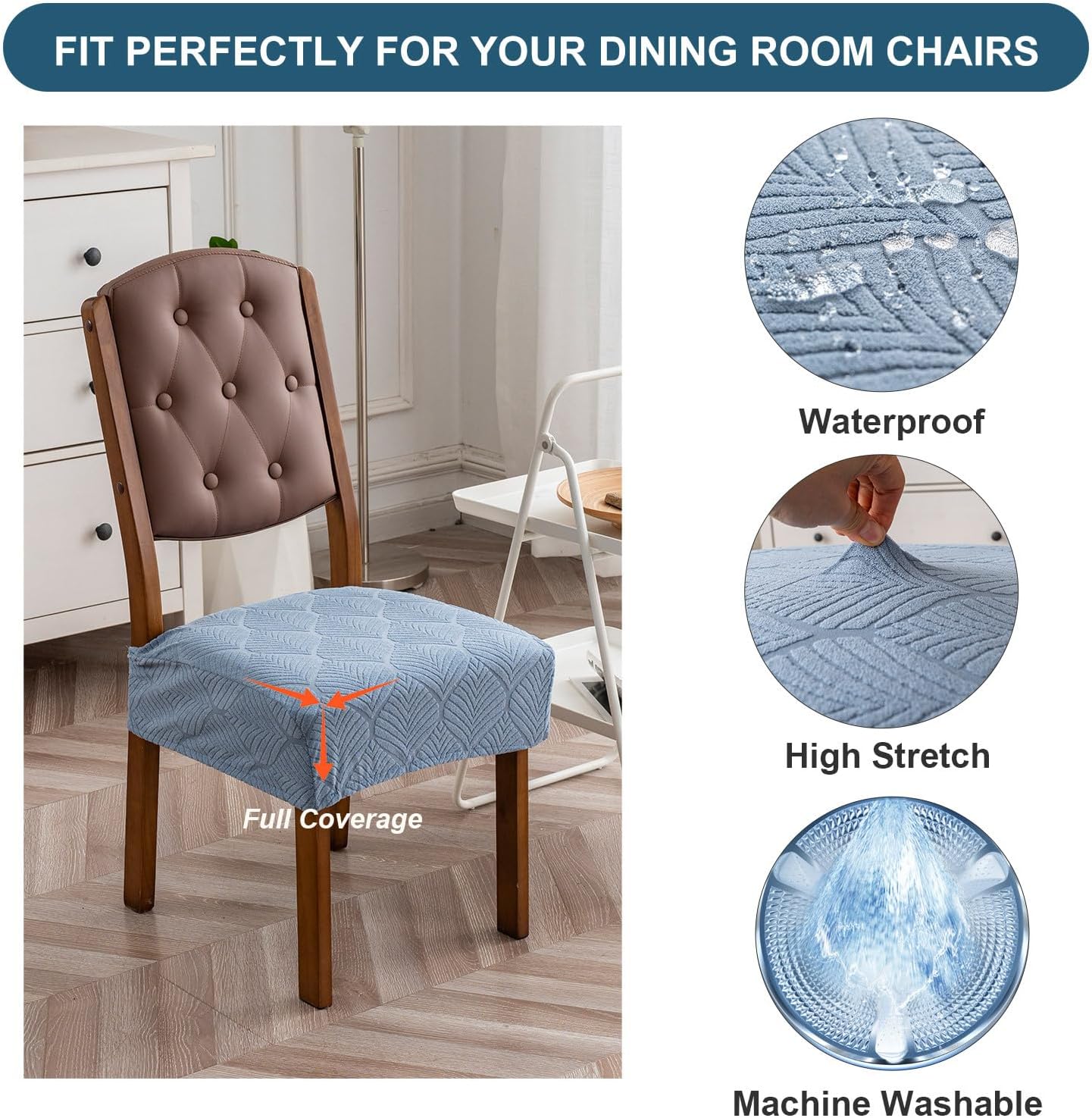 Removable and Washable Seat Covers for Dining Room Chairs Set of 6 - Waterproof Stretch Chair Seat Slipcovers, No Back Covers
