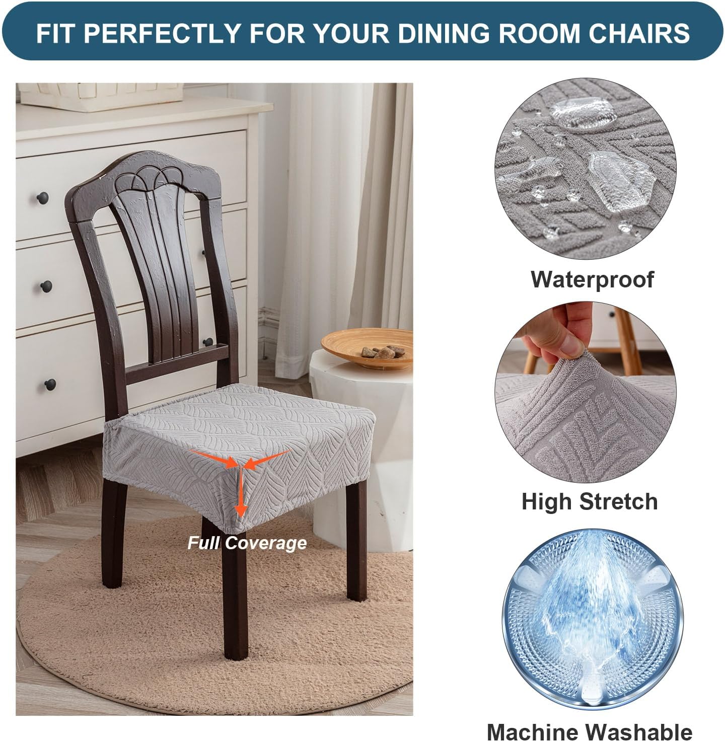 Waterproof Stretch Seat Covers,Dining Room Chair for 6 Set Removable Washable Chair Slipcover Protectors,No Rear Covers,Light Grey