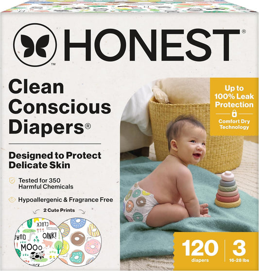 The Honest Company Clean Conscious Diapers for Sensitive Skin, Up to 100% Leakproof Hypoallergenic Fragrance-Free Baby Diapers, Gender Neutral Prints, Super Club Box, Size 3 (16–28 lbs), 120 Count