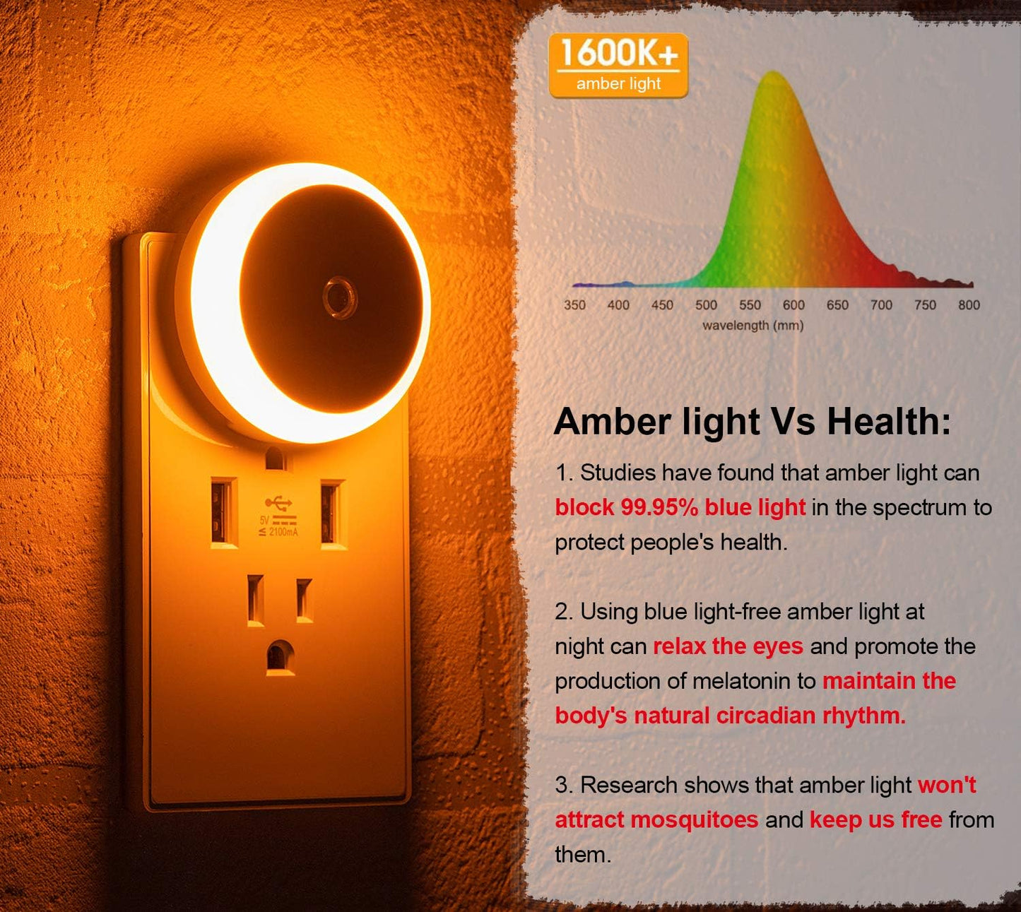 Amber Night Light Plug in, Dusk to Dawn Sensor, Blue Light Blocking, Automatic Nightlight, Energy Efficient, 2 Pack LED Night Lights Plug into Wall, for Bathroom, Bedroom, Kitchen, Hallway, Stairway