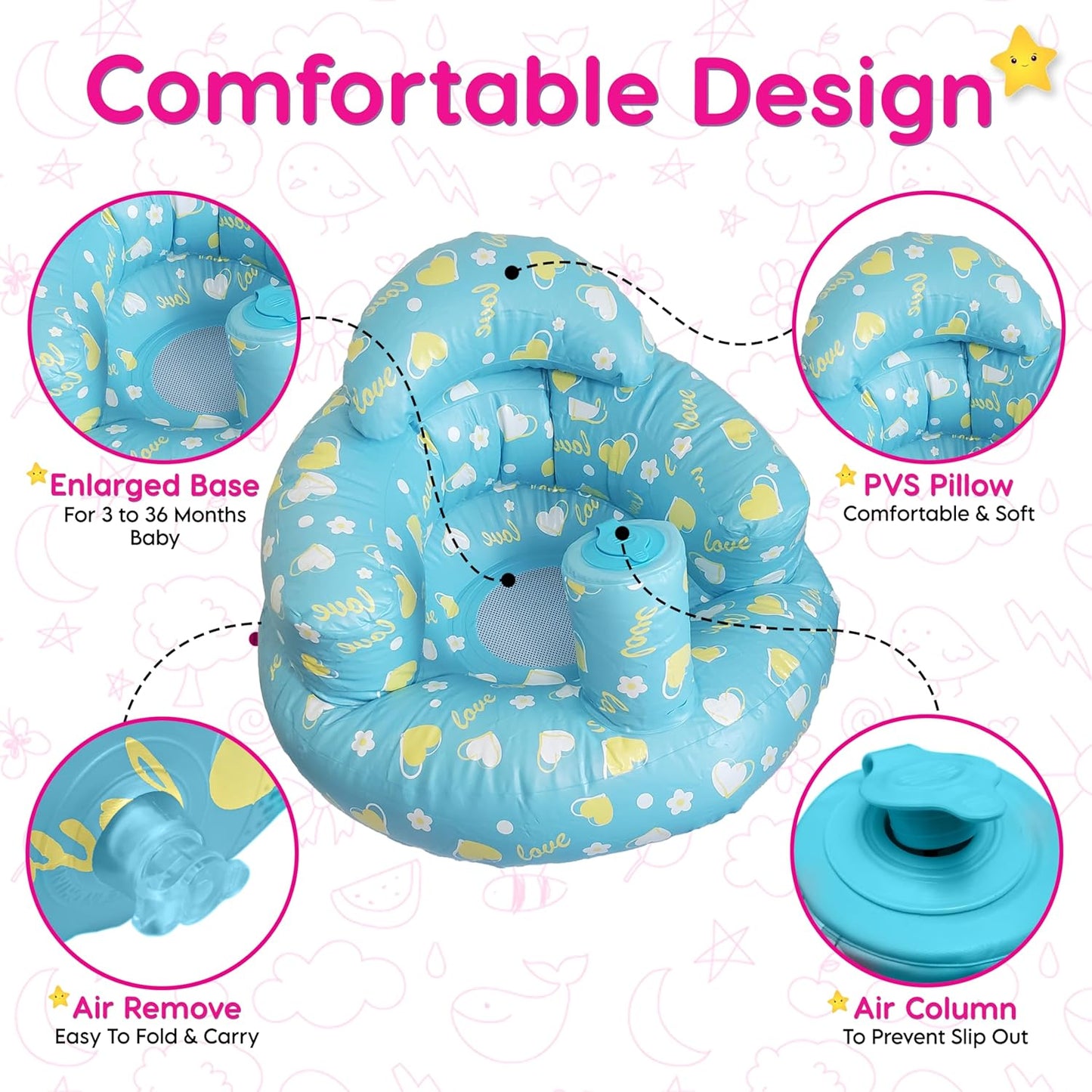 Inflatable Baby Sit-Up Seat – Portable Floor Chair for Sitting Support – Soft Baby Chair for Infants 3–12 Months – Travel-Friendly, Lightweight, Easy to Inflate & Store (Blue)