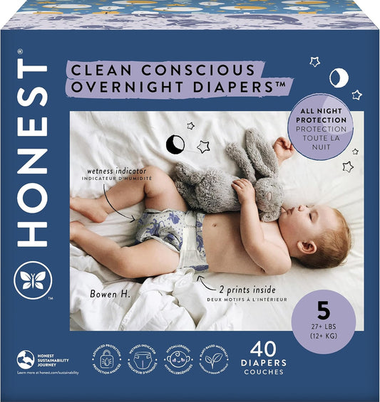 The Honest Company Clean Conscious Overnight Diapers for Sensitive Skin, Hypoallergenic Fragrance-Free Baby Diapers, Cozy Cloud and Star Signs Design, Club Box, Size 5 (27+ lbs), 40 Count