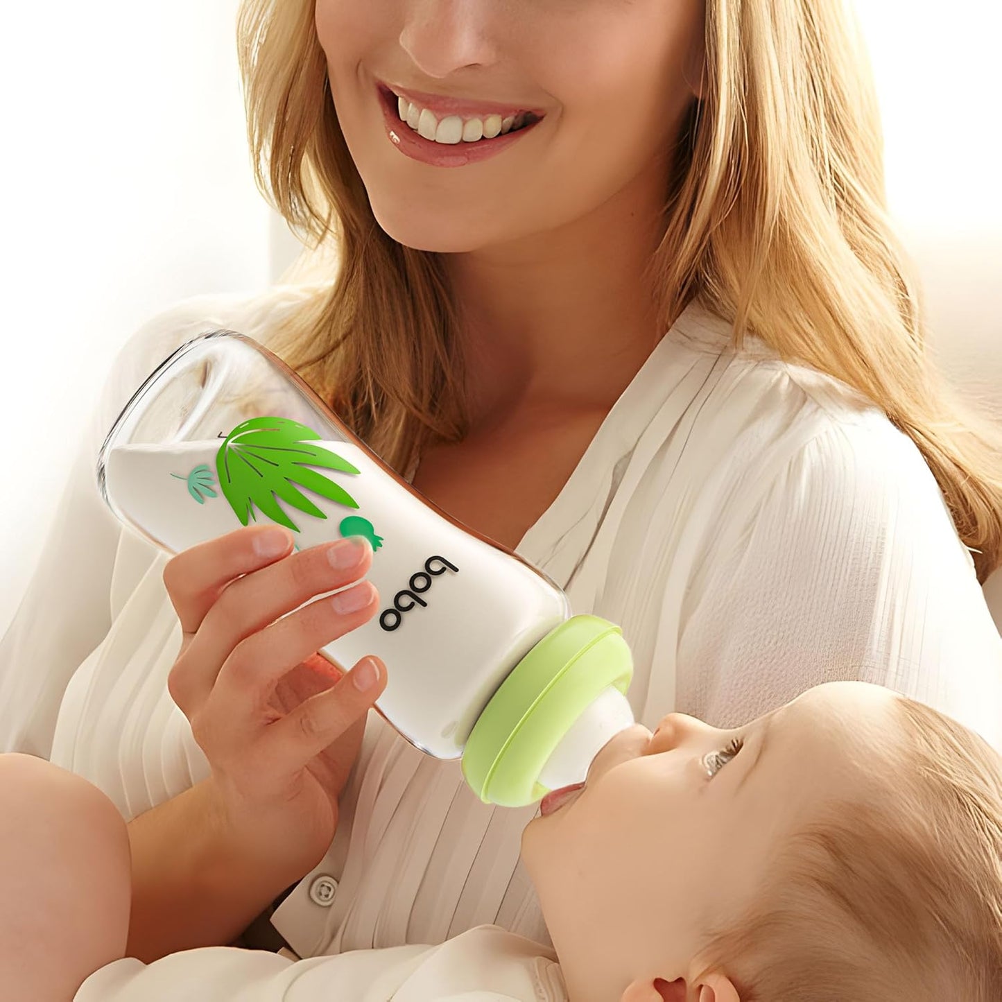 YOHKOH Natural Glass Baby Bottle with Natural Response Nipple, Newborn Anti-Colic Baby Bottles, Wide Neck Mushroom Cap Baby Bottle, Clear (Green, (8.8oz (Pack of 2))