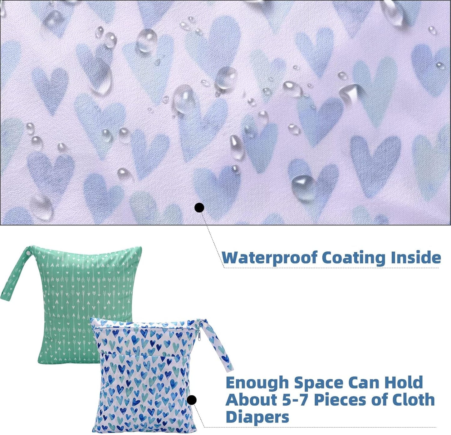 2pcs Cloth Diaper Wet Dry Bags Waterproof Reusable with Two Zippered Pockets Stroller Travel Beach Pool Daycare Soiled Baby Item Yoga Gym Bag for Swimsuits or Wet Clothes-Green Hearts