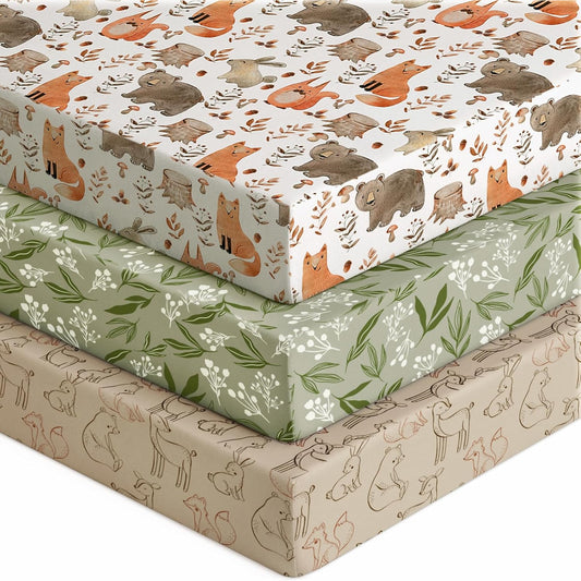 Baby Crib Sheets for Boys Girls, 28x52x8in Fitted Crib Sheet Neutral 3 Pack for Standard Crib and Toddler Mattress, Breathable Soft Microfiber Baby Sheet Green & Brown Fox